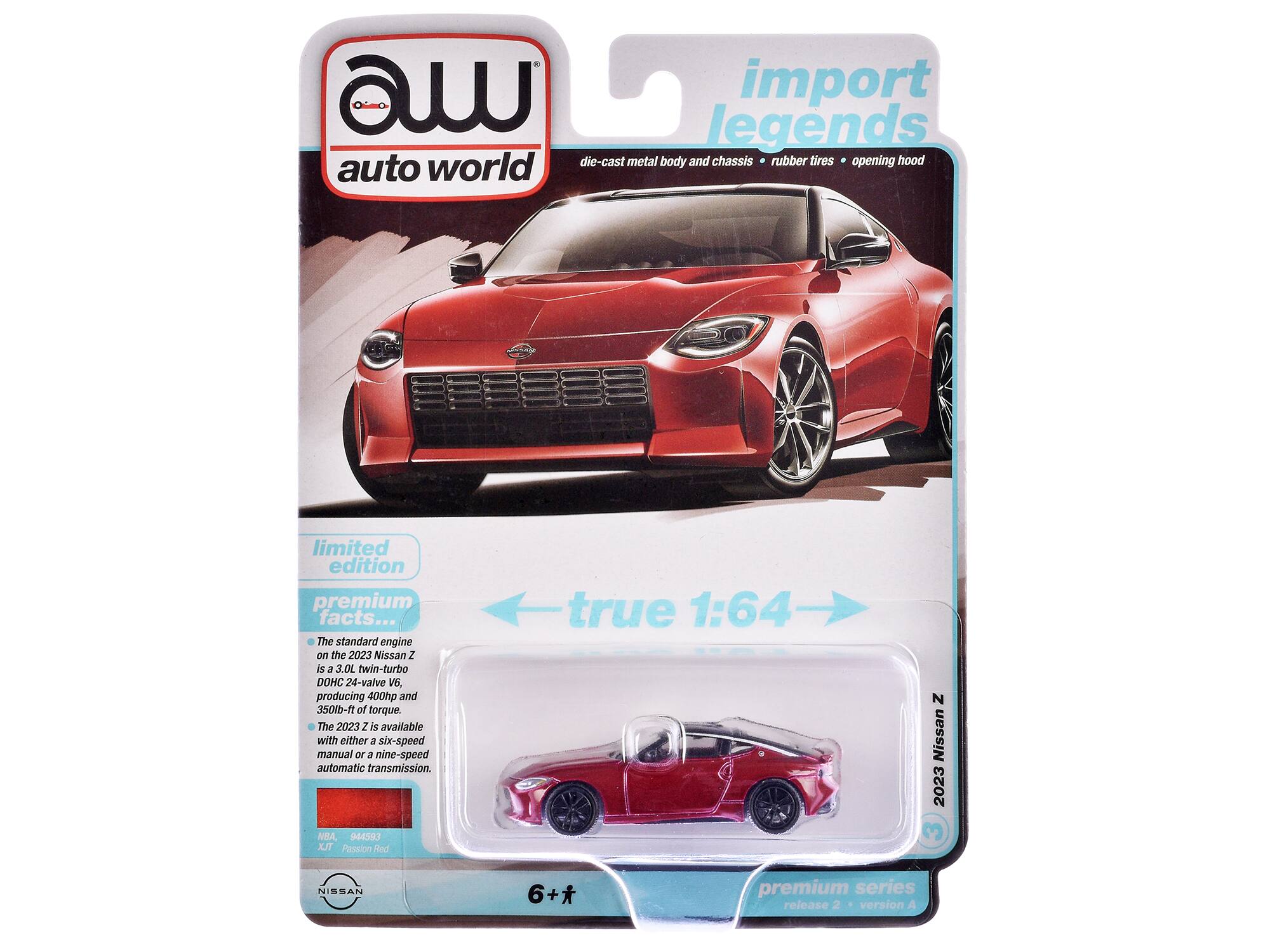 import legends die-cast metal body and chassis rubber tires opening hood auto world limited edition premium facts... The standard engine on the 2023 Nissan 2 ES a 3.00 twin-turbo DOHC 24-valve V6 producing 400hp and 350lb-ft of torque The 2023 2 is available with either a six-speed manual or a nine-speed automatic transmission. NRA, 944593 XIT Passion Red true 1:64 N Nissan 2023 NISSAN 6+* premium series release 2 version A