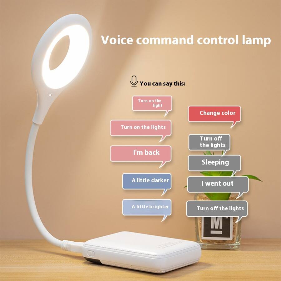 Voice command control lamp

You can say this:

- Turn on the light
- Turn on the lights
- I'm back
- A little darker
- A little brighter
- Change color
- Turn off the lights
- Sleeping
- I went out