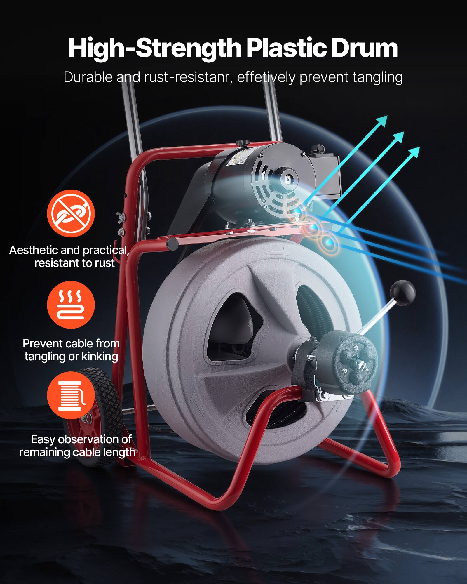 High-Strength Plastic Drum  
Durable and rust-resistant, effectively prevent tangling  

Aesthetic and practical, resistant to rust  

Prevent cable from tangling or kinking  

Easy observation of remaining cable length