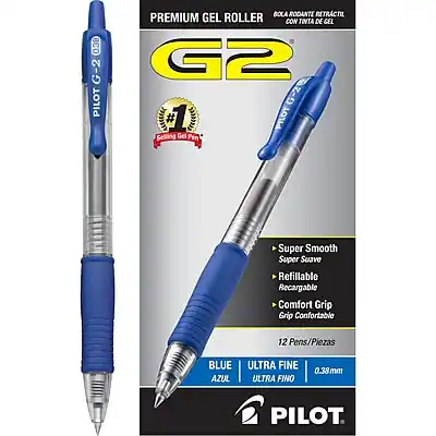 **Pilot G2 Premium Gel Roller**
- **G2 Pilot Gel Pen**
- **Super Smooth / Super Suave**
- **Refillable / Recargable**
- **Comfort Grip / Grip Confortable**
- **Ultra Fine / Ultra Fino**
- **0.38mm**
- **Blue / Azul**
- **12 Pens / Piezas**
**Features:**
- **Premium Gel Roller**
- **Retractable with Gel Tip**
- **#1 Selling Gel Pen**
**Brand:**
- **Pilot**