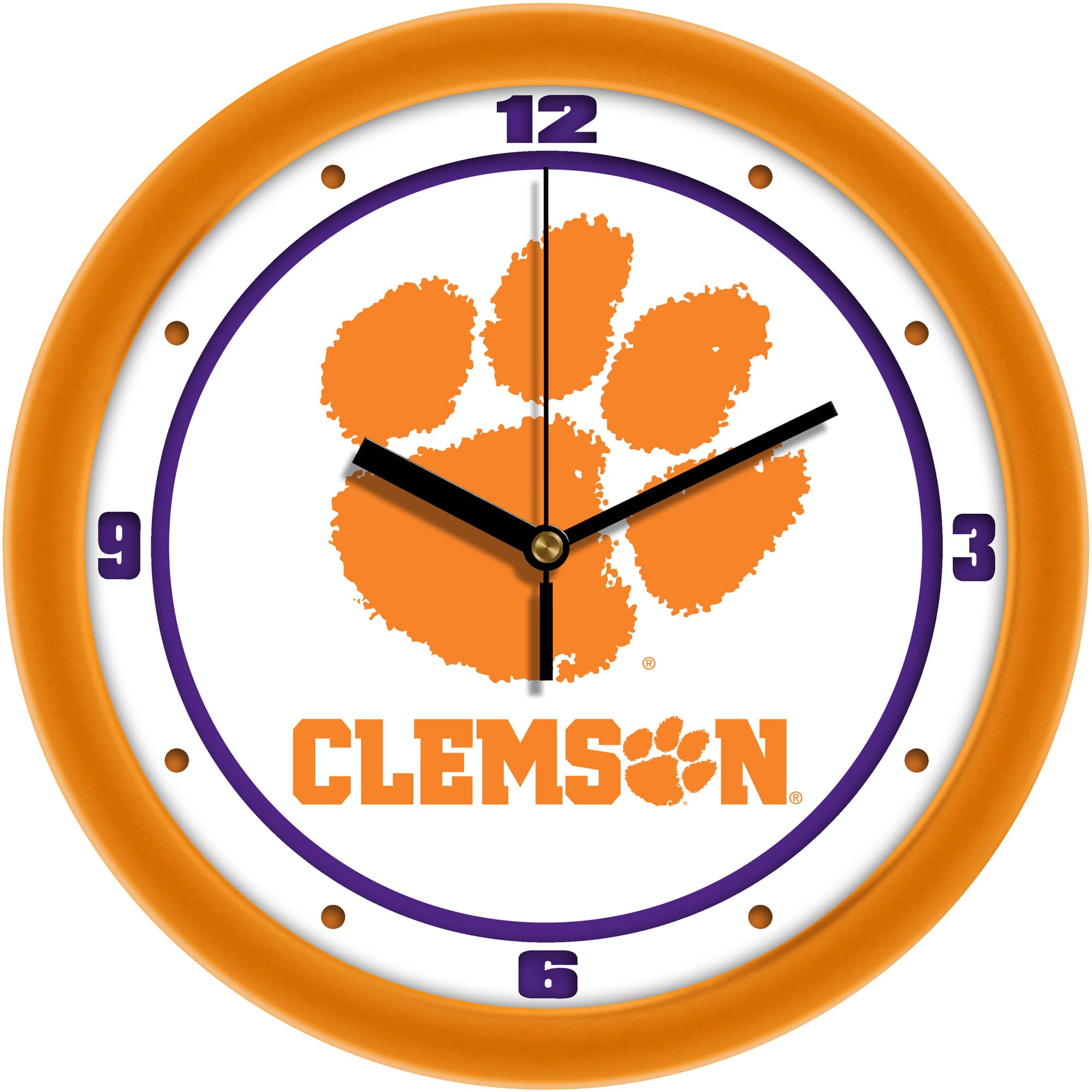 MpDirect - Clemson Tigers 11.5'' Suntime Premium Glass Face Traditional Logo Wall Clock - Multicolor