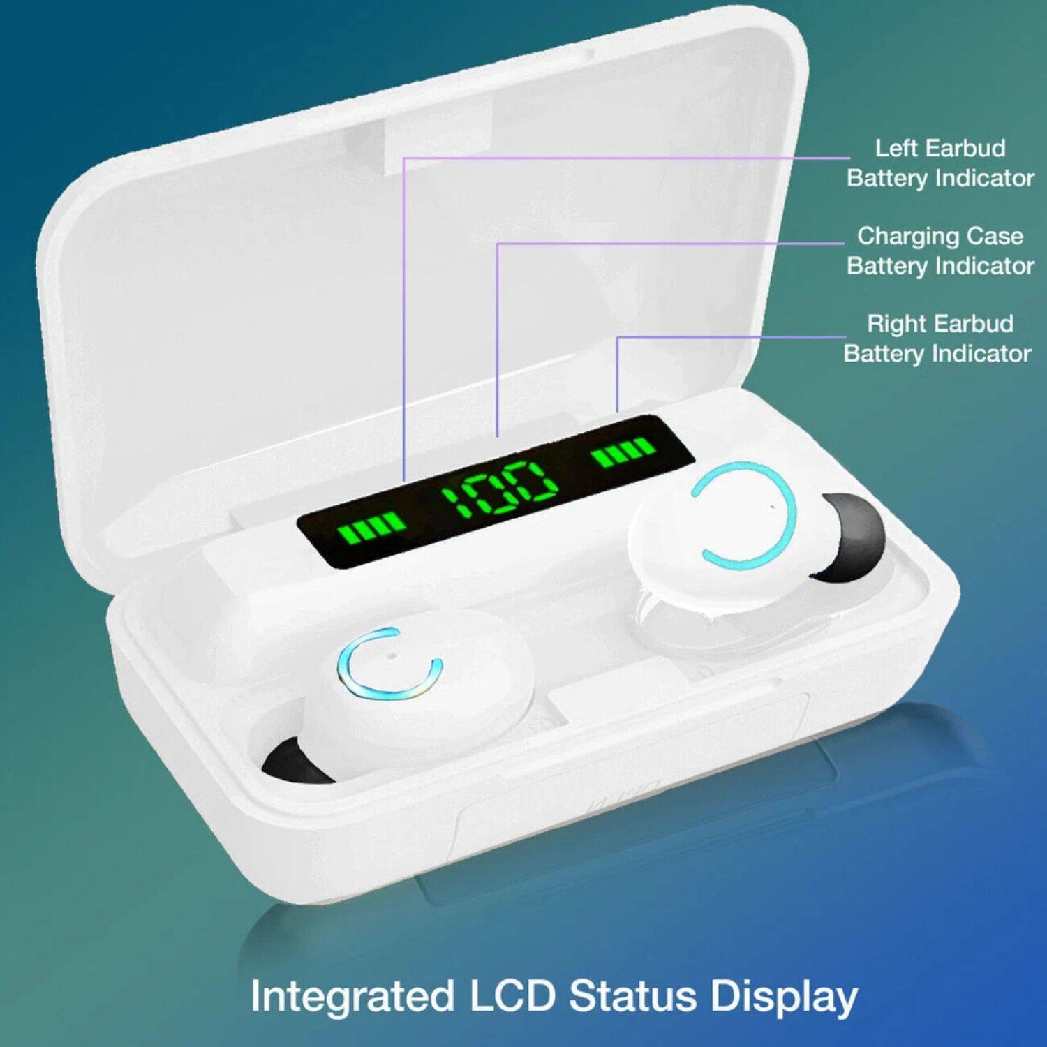 - Left Earbud Battery Indicator
- Charging Case Battery Indicator
- Right Earbud Battery Indicator
- Integrated LCD Status Display
