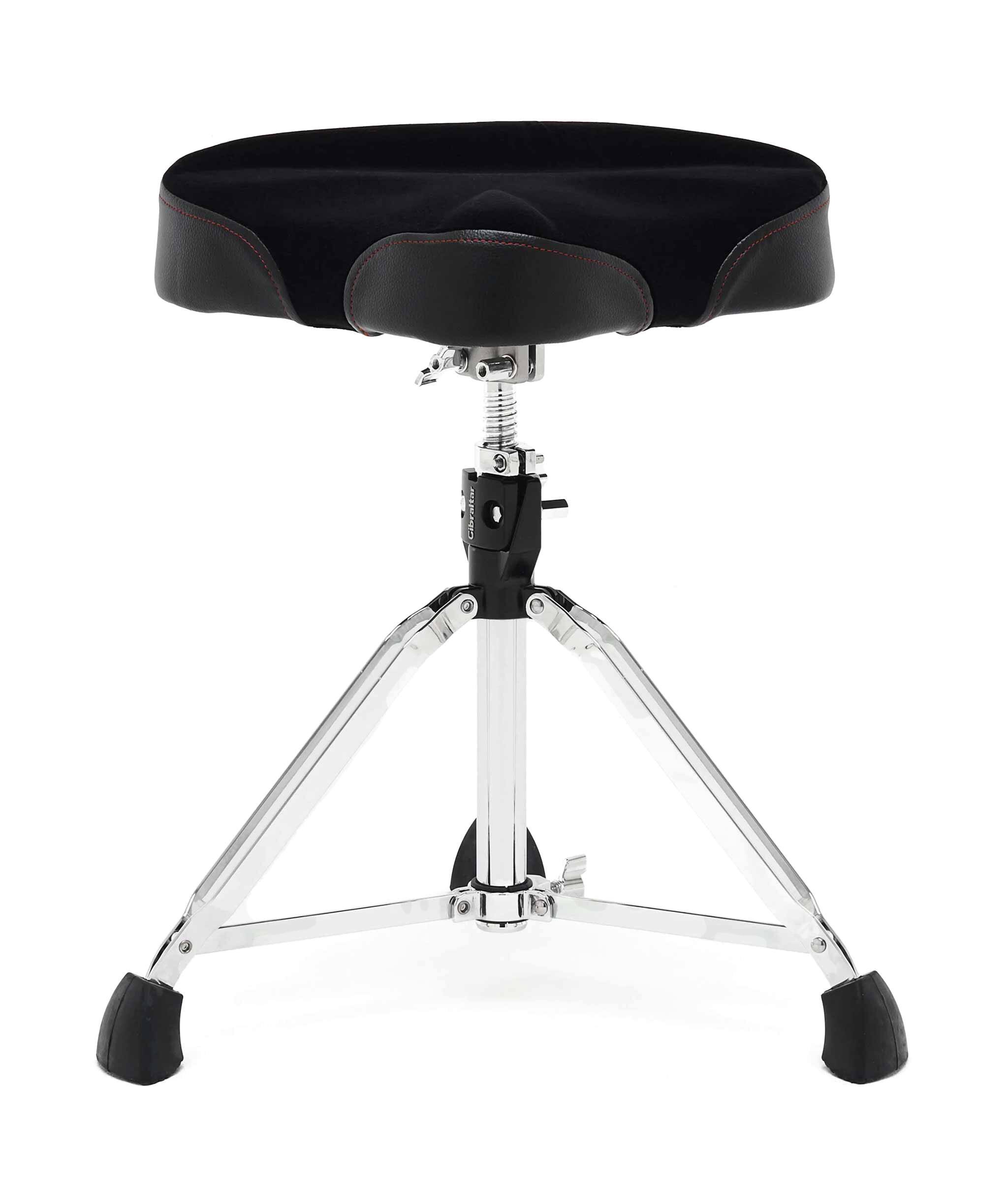 Front. Gibraltar Hardware - 9000 Series Motorcycle Style Drum Throne, 16” Cordura Saddle Seat, Memory Foam, Height Adjustable with Spindle Lift.