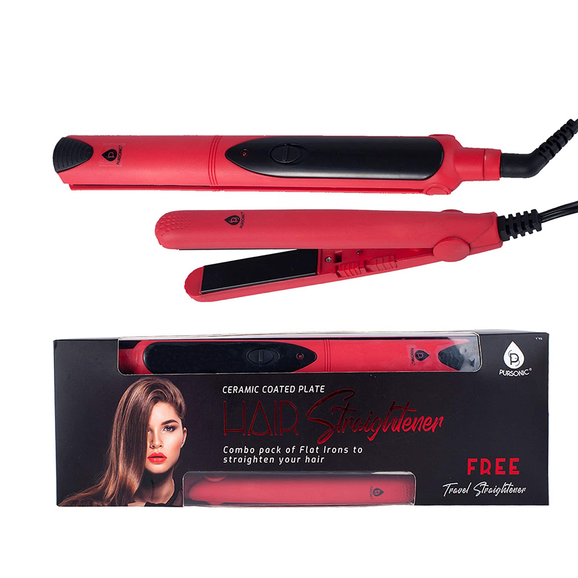 Pursonic - Professional Salon Quality Flat Iron Hair Straightener With A Free Travel Straightener - Red