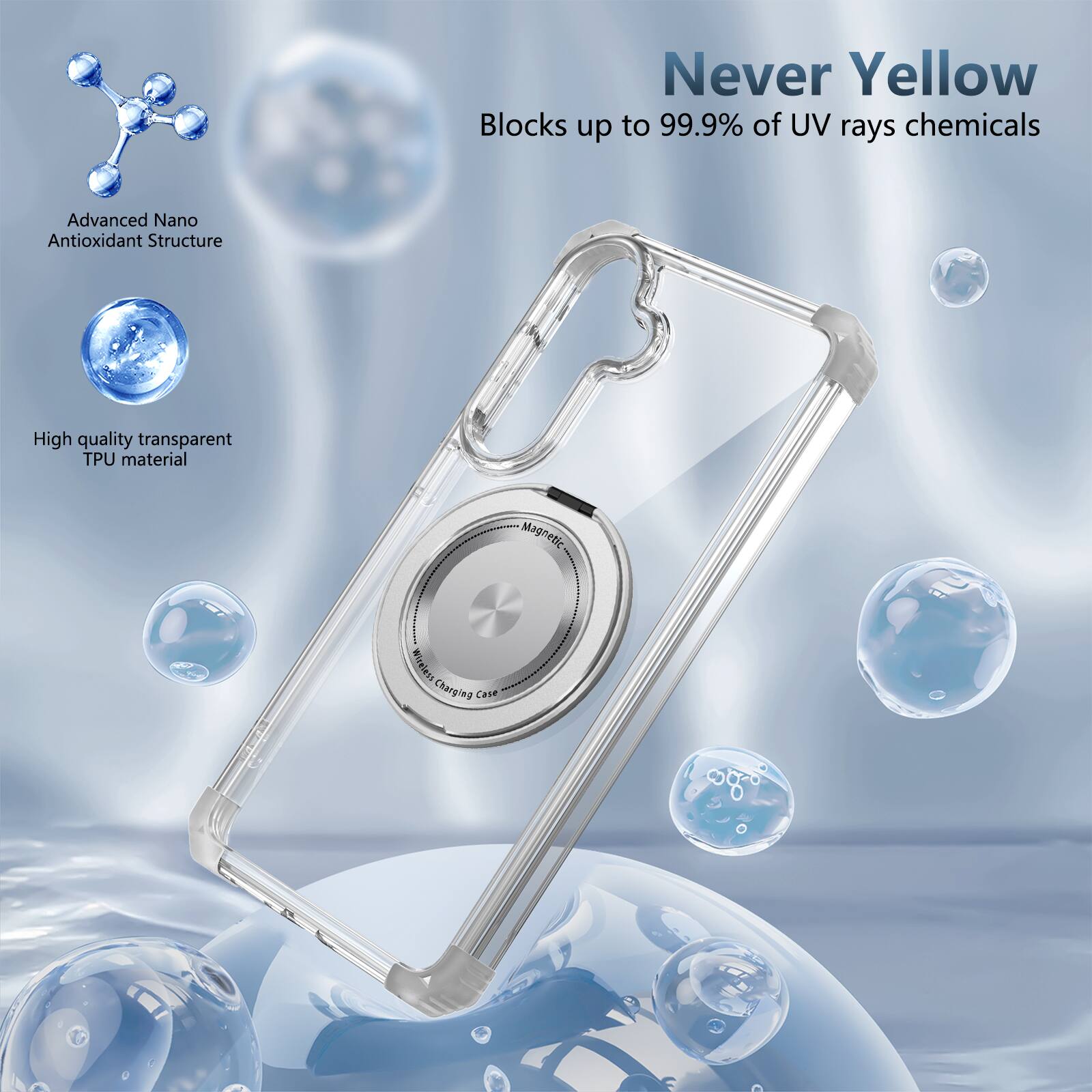 Never Yellow  
Blocks up to 99.9% of UV rays chemicals  
Advanced Nano Antioxidant Structure  
High quality transparent TPU material  
Magnetic Wireless Charging Case