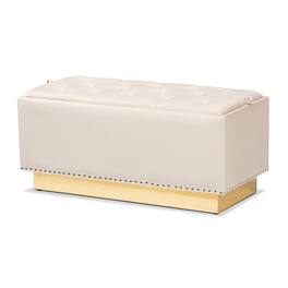 Baxton Studio - Powell Glam and Luxe Velvet Fabric Upholstered and Gold PU Leather Storage Ottoman - Beige/gold