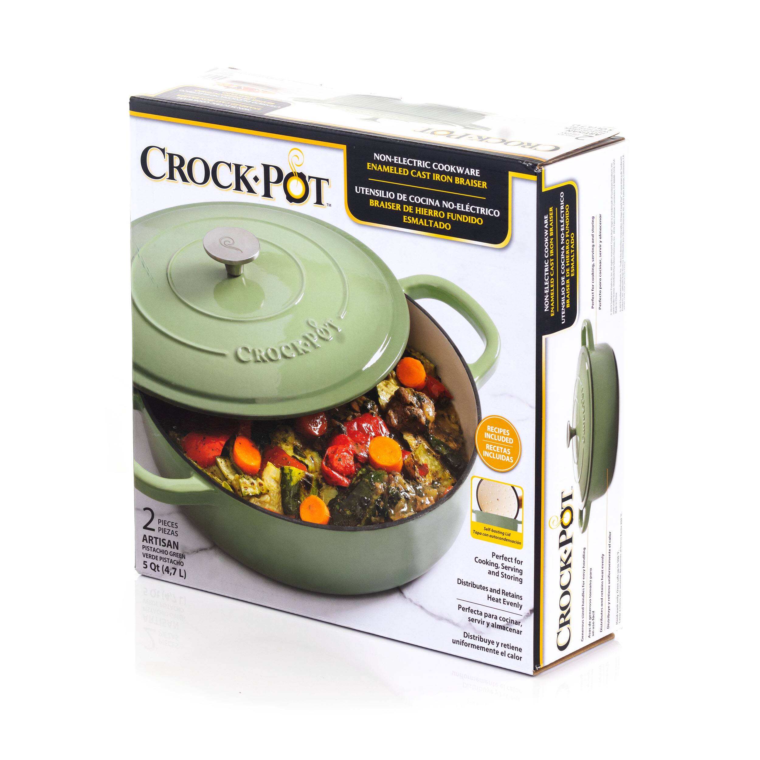 CROCK-POT NON-ELECTRIC COOKWARE ENAMELED CAST IRON BRAISER POT. UTENSILIO BRAISER DE COCINA NO-ELCTRICO HIERRO UENENN ESMALTADO FUNDIDO NLELTEE : WW.WROO ERANE | U Ge | | ! .... I  NOPELECTROL | | I | - : CROCKPOT RSCIPES INCLUDED RECETAS INCUADAS 2 PIECES PIZZAS ARTISAN PISTACHIO GRVEN VERDE Parfect : 5 PISTACO Cooking. for | Qt (4,7 and Serving CROCK-POT L) Storing I Distributes 1 Ot and Retains | Heat : Perfecta Evenly pars : servie 1 oecner. almatenar uniformemente Distribuye 1 netiene  calor
