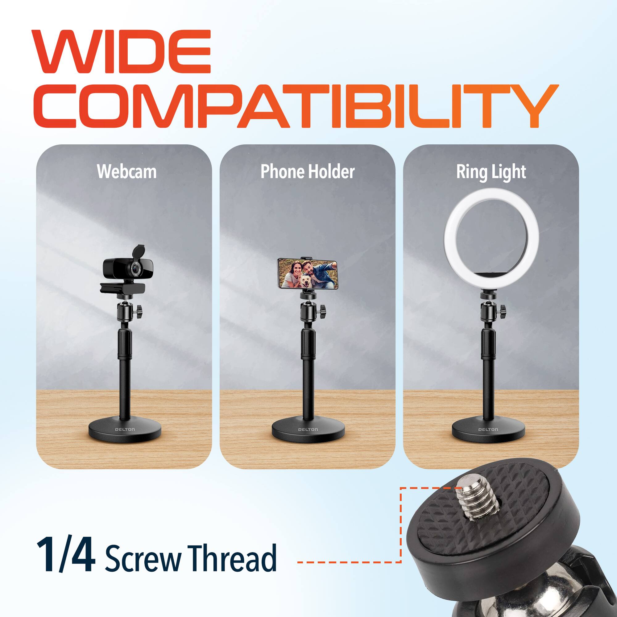 WIDE COMPATIBILITY, Webcam, Phone Holder, Ring Light, 1/4 Screw Thread
