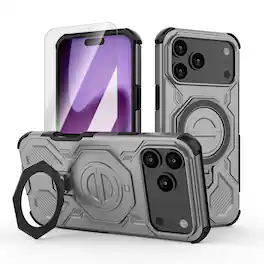 Dteck - Rugged Case for Apple iPhone 17 Pro Max with Screen Protector, Magnetic Shockproof Cover Built-in Metal Kickstand - Gray