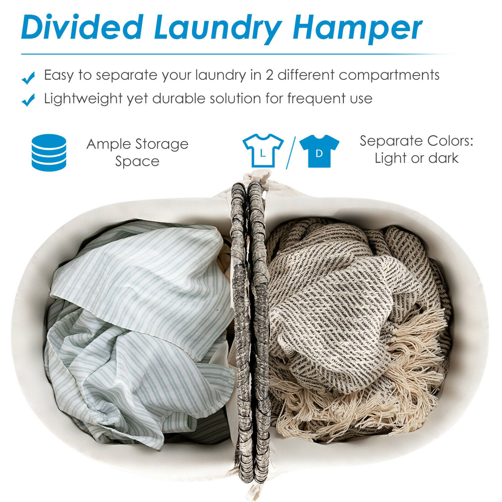 Divided Laundry Hamper: Easy to separate your laundry in 2 different compartments. Lightweight yet durable solution for frequent use. Ample Storage Space. Separate Colors: Light or dark.