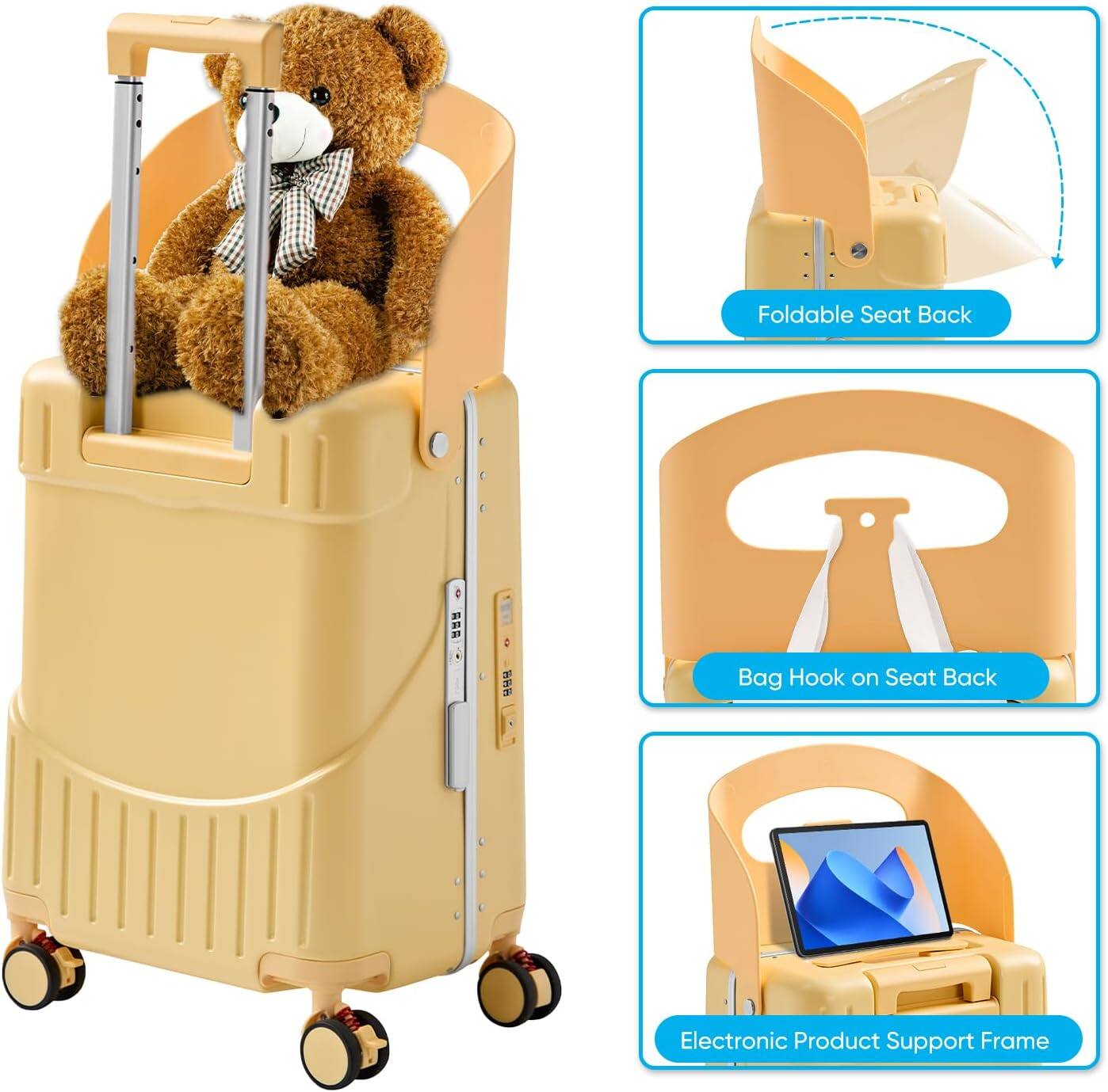 - Foldable Seat Back
- Bag Hook on Seat Back
- Electronic Product Support Frame