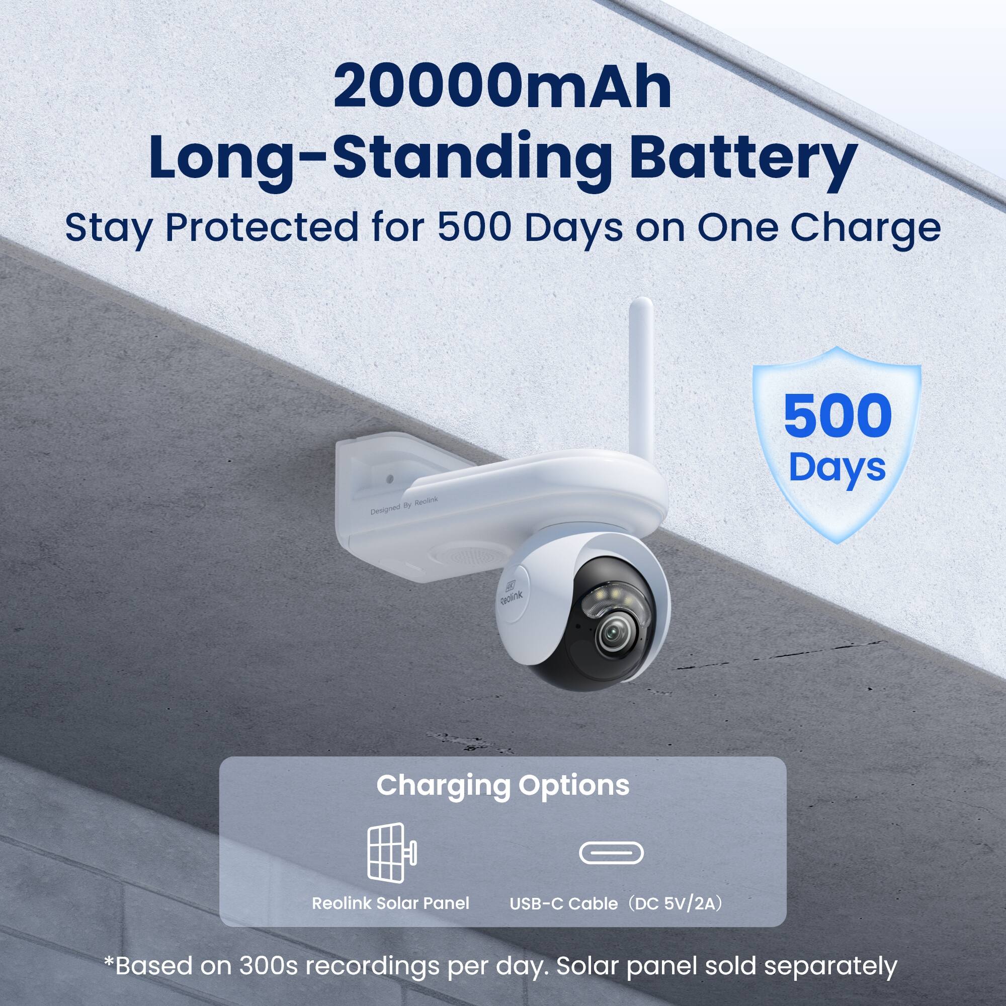 20000mAh Long-Standing Battery Stay Protected for 500 Days on One Charge

By Reolink Designed

500 Days

@ Realink

Charging Options

Reolink Solar Panel

USB-C Cable (DC 5V/2A)

*Based on 300s recordings per day. Solar panel sold separately