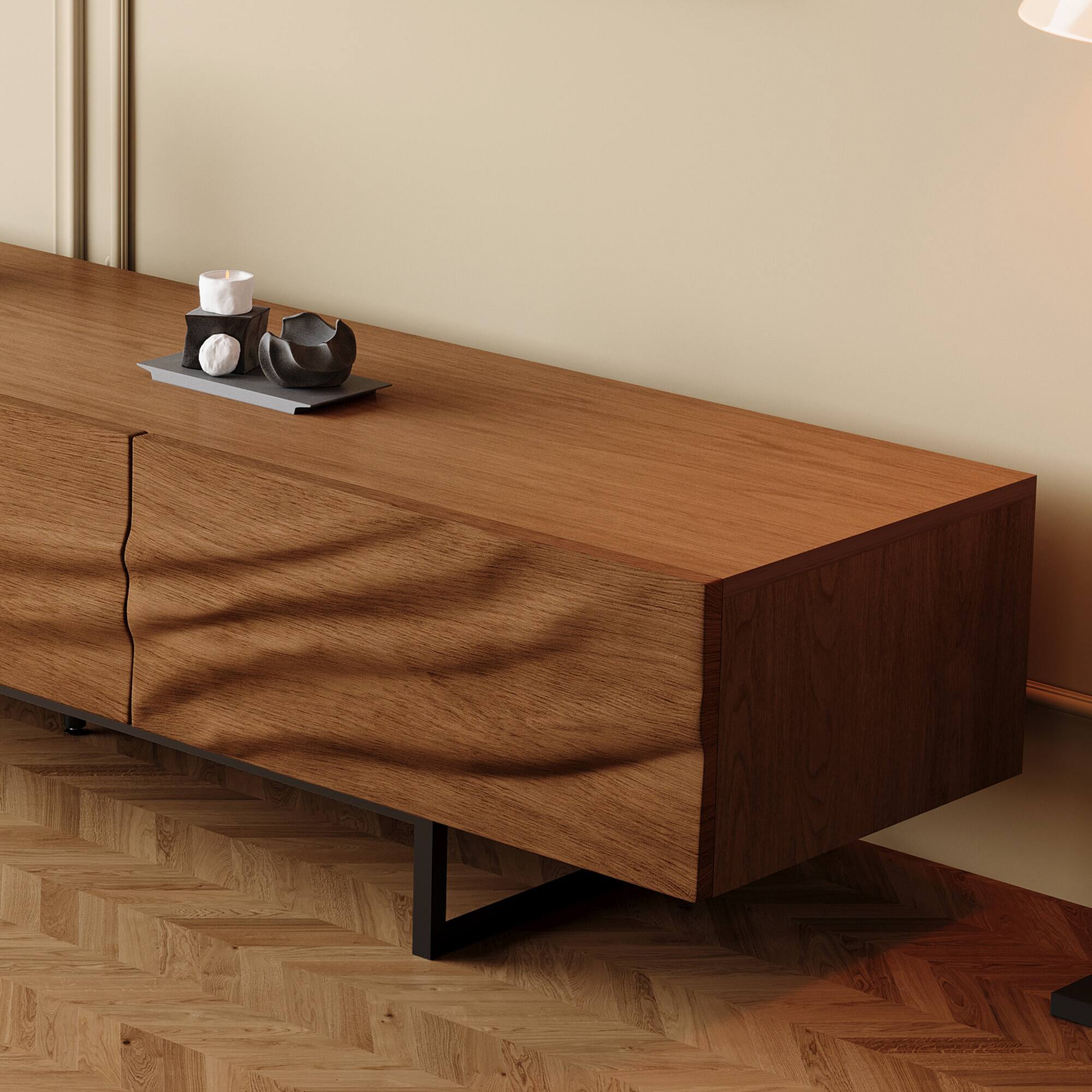 Alt View 2. luck idea - 82.83" TV Stand with Metal Legs, 3 Drawers & Vent Holes, Wide Media Console for Living Room - Walnut Color.
