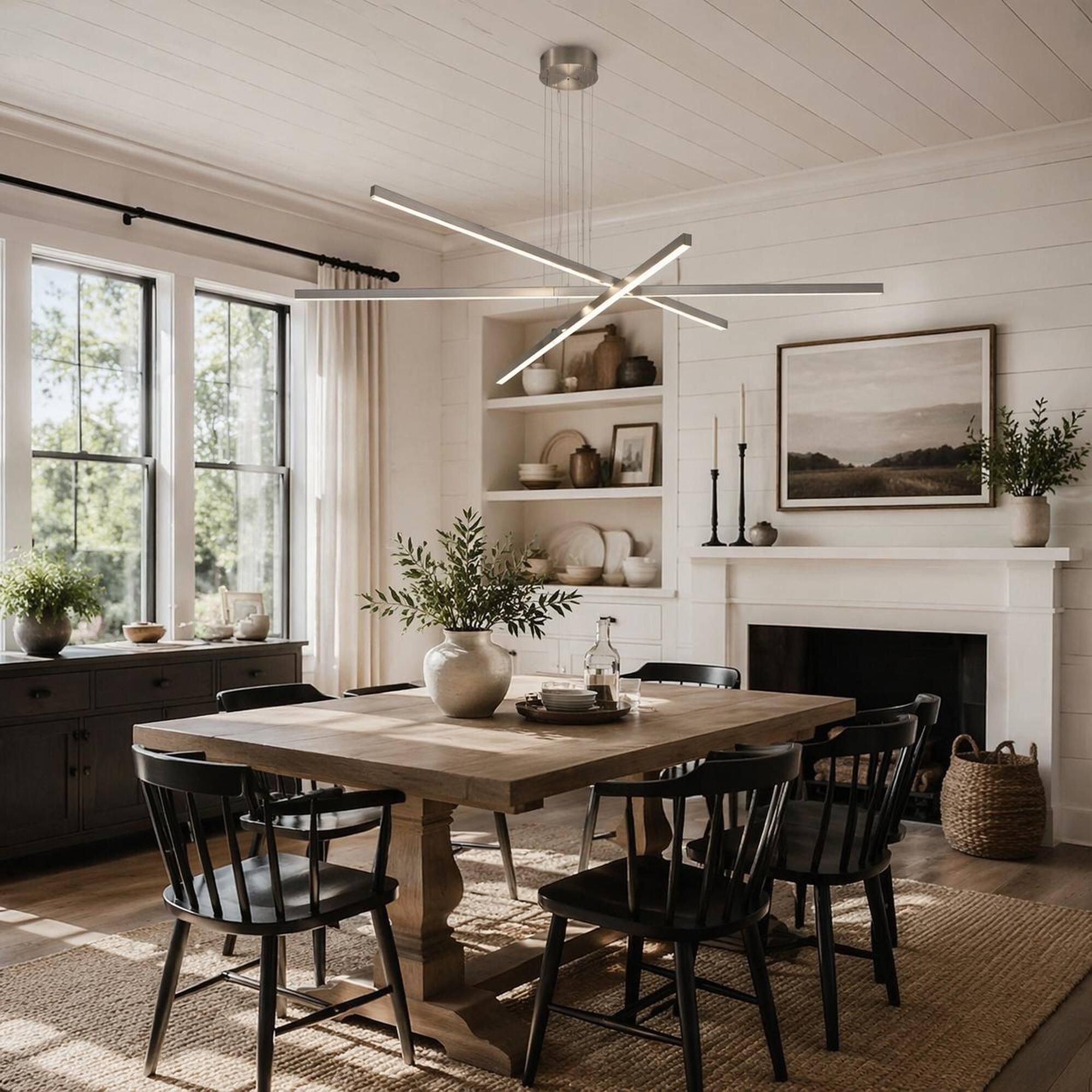 Left. RYHNUYNE - 48-Inch Modern LED Chandelier with Geometric 3-Arm Frame, Height-Adjustable Suspension and Aluminum-Acrylic Construction.