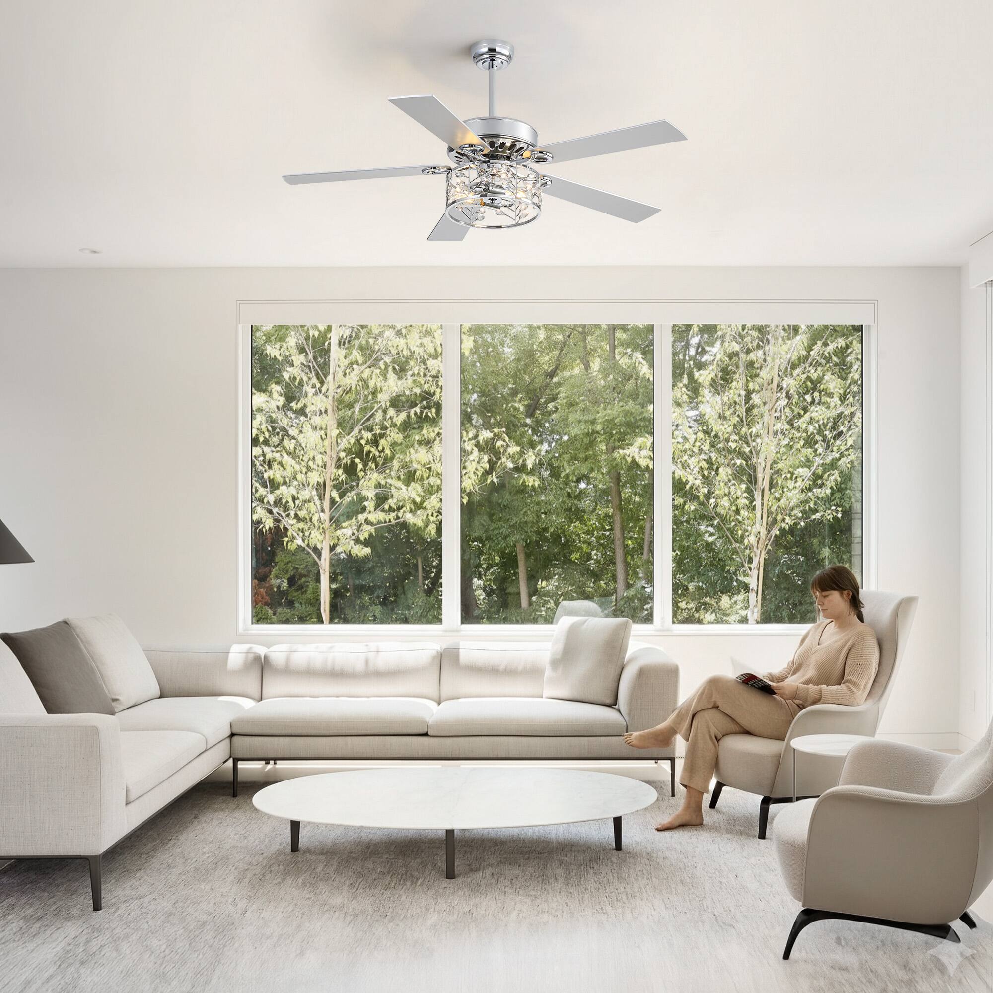 Angle. Breezary - 52-Inch Ceiling Fan with Crystal Light, 5 Blades, DC Motor, Remote Control, 6 Speeds,  5"&10" Downrod Mount - 52-inch Chrome & Silver & Wood Grain.