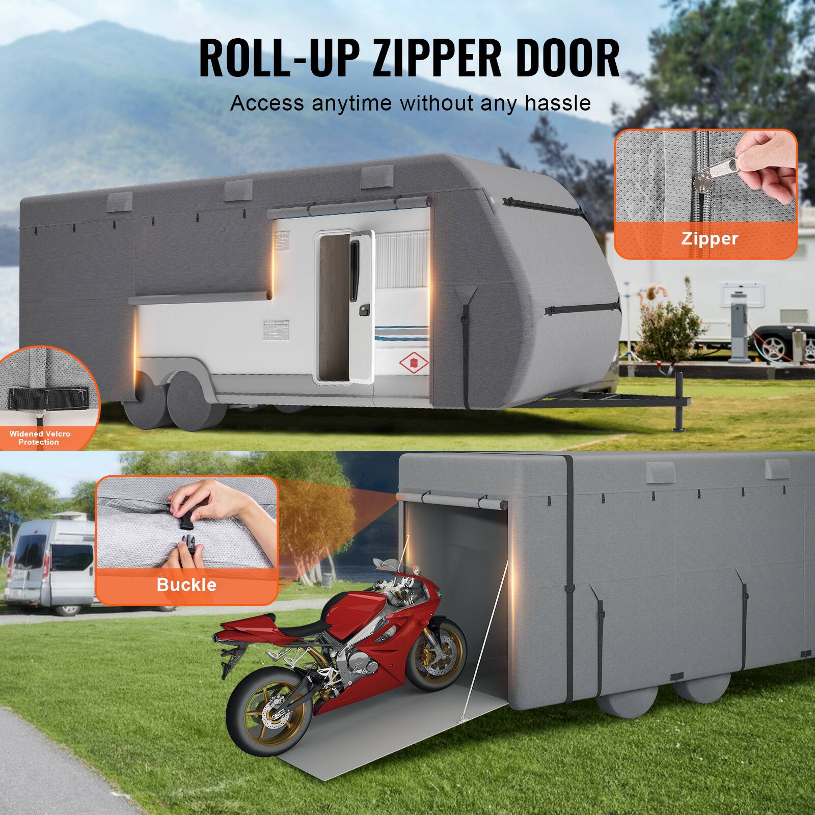 ROLL-UP ZIPPER DOOR  
Access anytime without any hassle  

Zipper  
Widened Velcro Protection  

Buckle