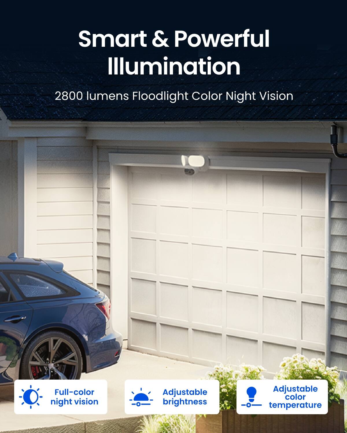 Smart & Powerful Illumination  
2800 lumens Floodlight Color Night Vision  
Full-color night vision  
Adjustable brightness  
Adjustable color temperature