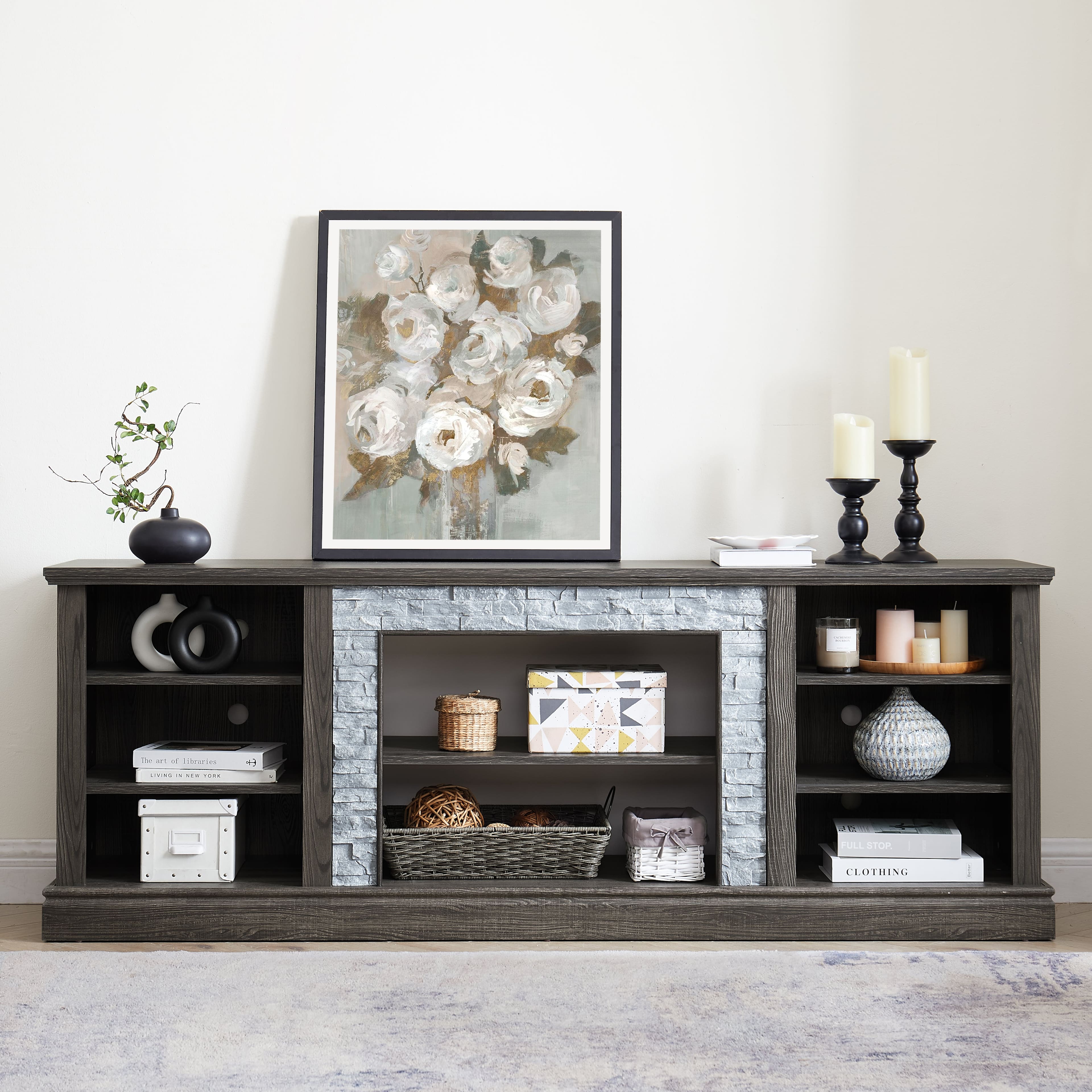 Boyel Living - 58.31In Mantel Stone TV Media Stand with Faux Stacked Stone Surround Open Storage Space - Gray