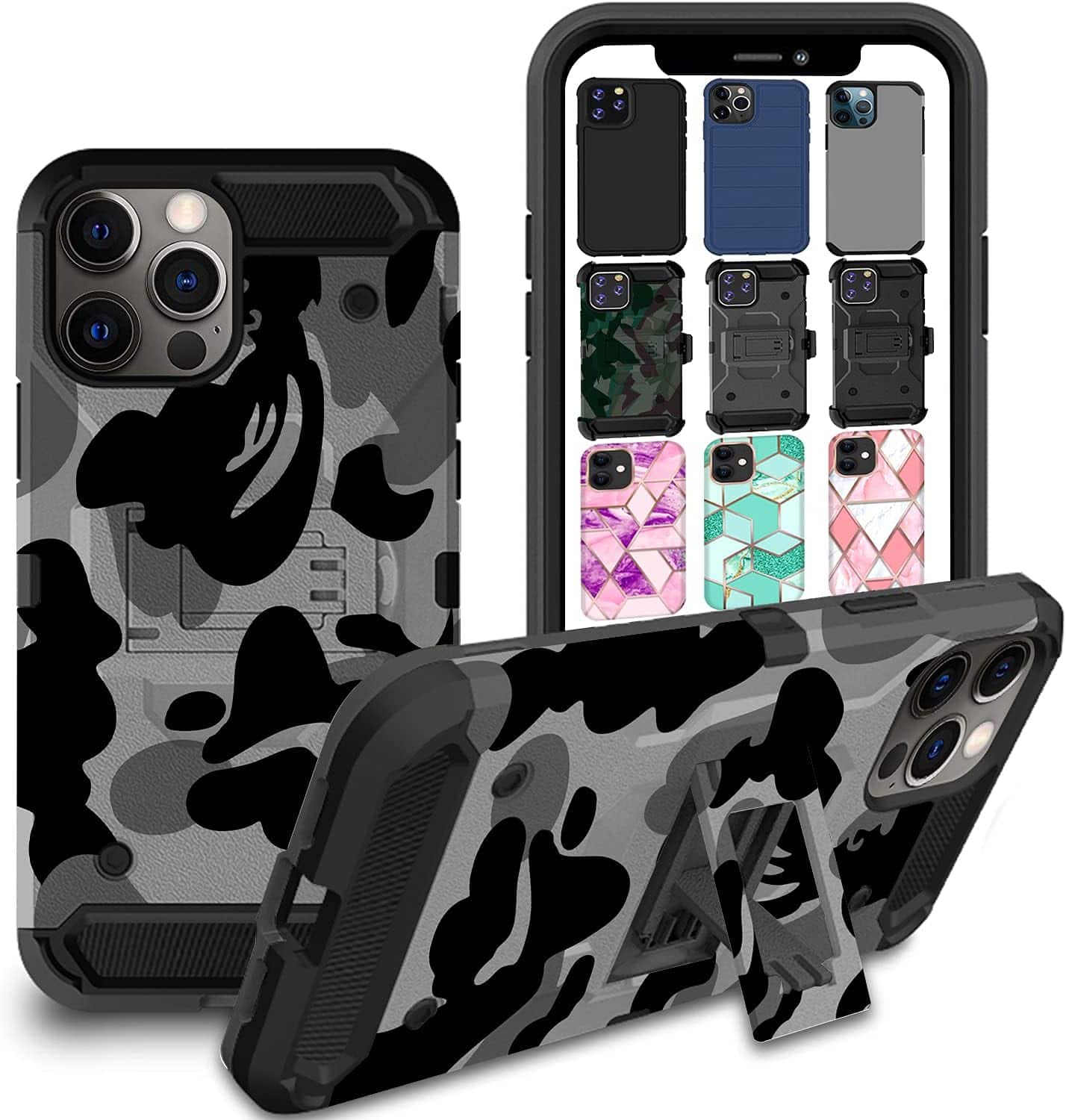 DuraSafe Cases - iPhone 12/iPhone 12 PRO - 6.1" 3-Layer Rugged Armor Phone Case with Kickstand - Military Gray(Without Holster)