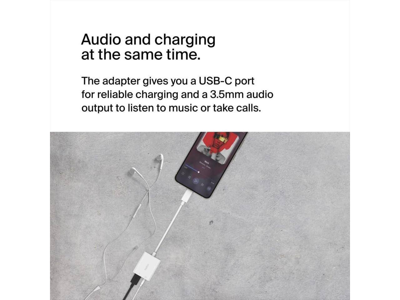 Audio and charging at the same time. The adapter gives you a USB-C port for reliable charging and a 3.5mm audio output to listen to music or take calls.