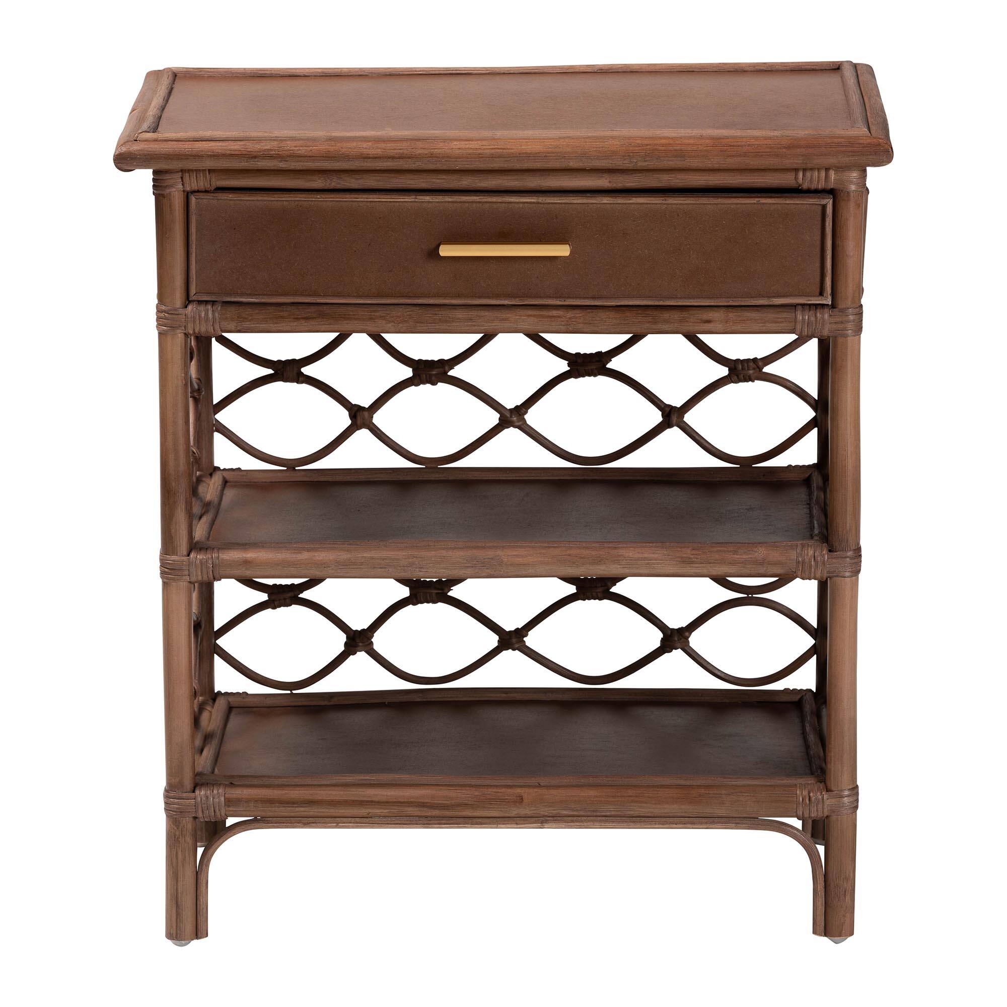 Left. bali & pari - Akane Natural Rattan Nightstand with Drawer and Open Shelves – Coastal Bedside Table with Lattice Design, Brown - Antique Brown.