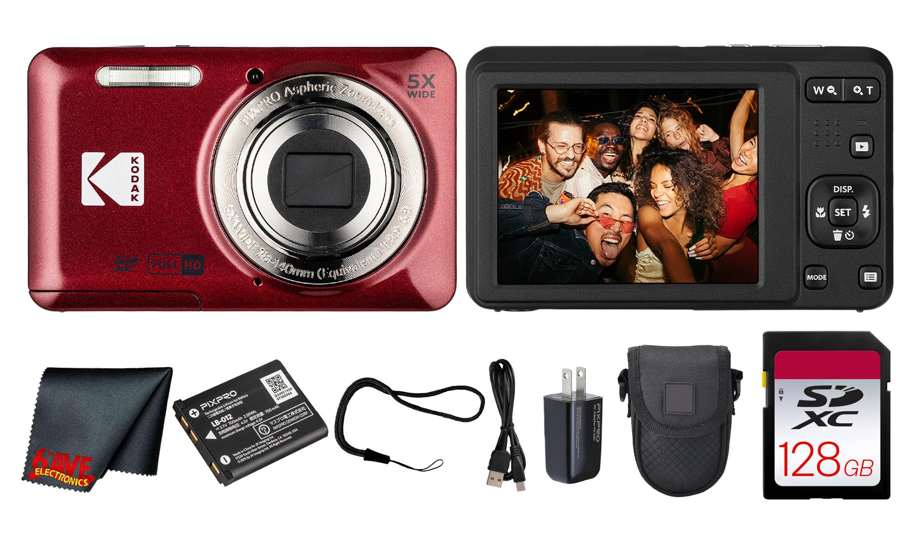 Kodak - PIXPRO FZ55 Digital Camera (Red) (FZ55RD) + 128GB Card + Case + Cleaning Cloth