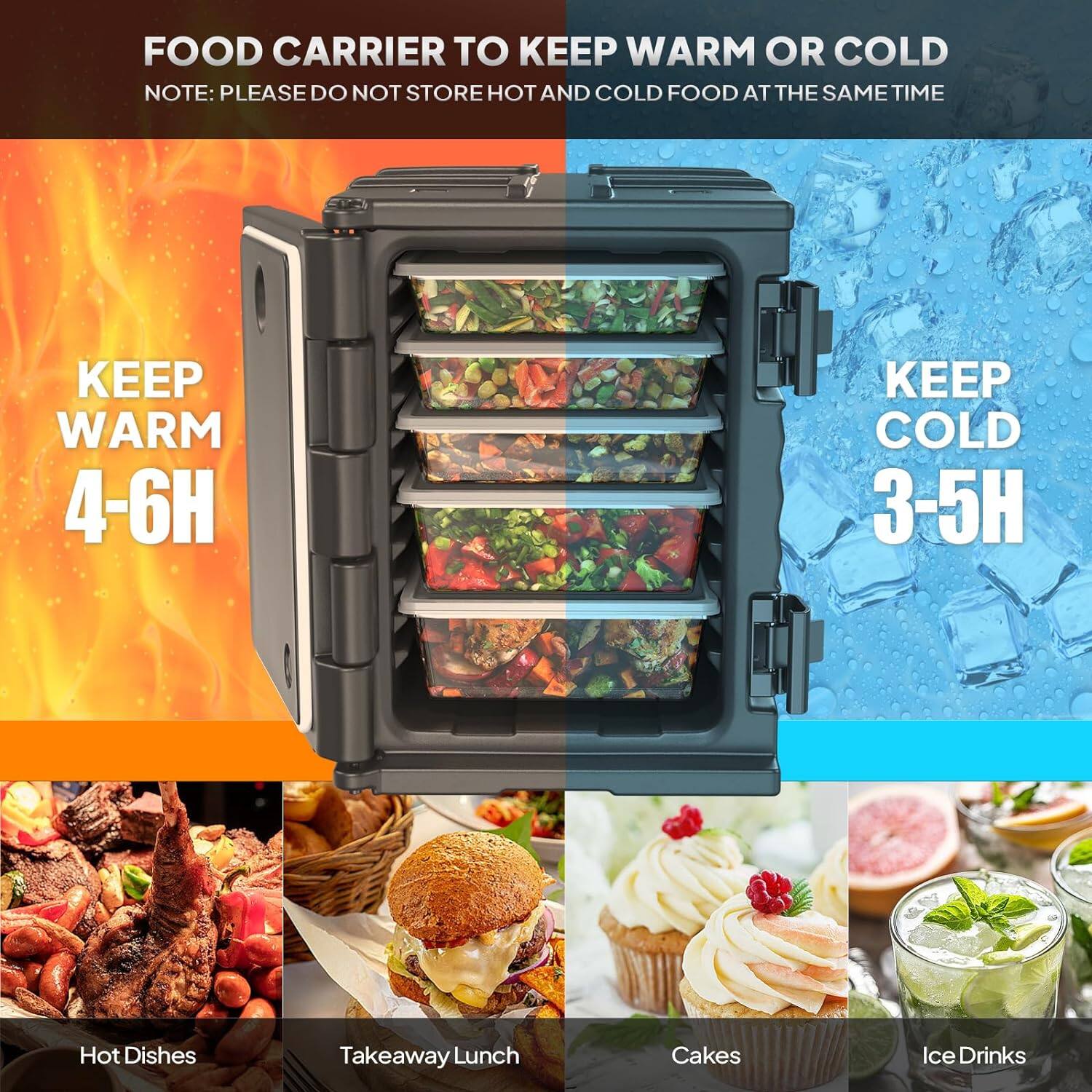 FOOD CARRIER TO KEEP WARM OR COLD  
NOTE: PLEASE DO NOT STORE HOT AND COLD FOOD AT THE SAME TIME  

KEEP WARM 4-6H  
KEEP COLD 3-5H  

Hot Dishes  
Takeaway Lunch  
Cakes  
Ice Drinks