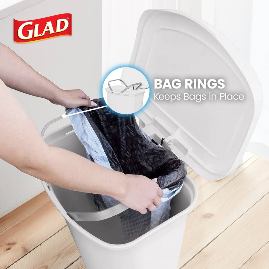 Plastic Trash Rings Glad Kitchen Trash Can with Lid, Foot Pedal and Garbage Bag Rings, 13 ...