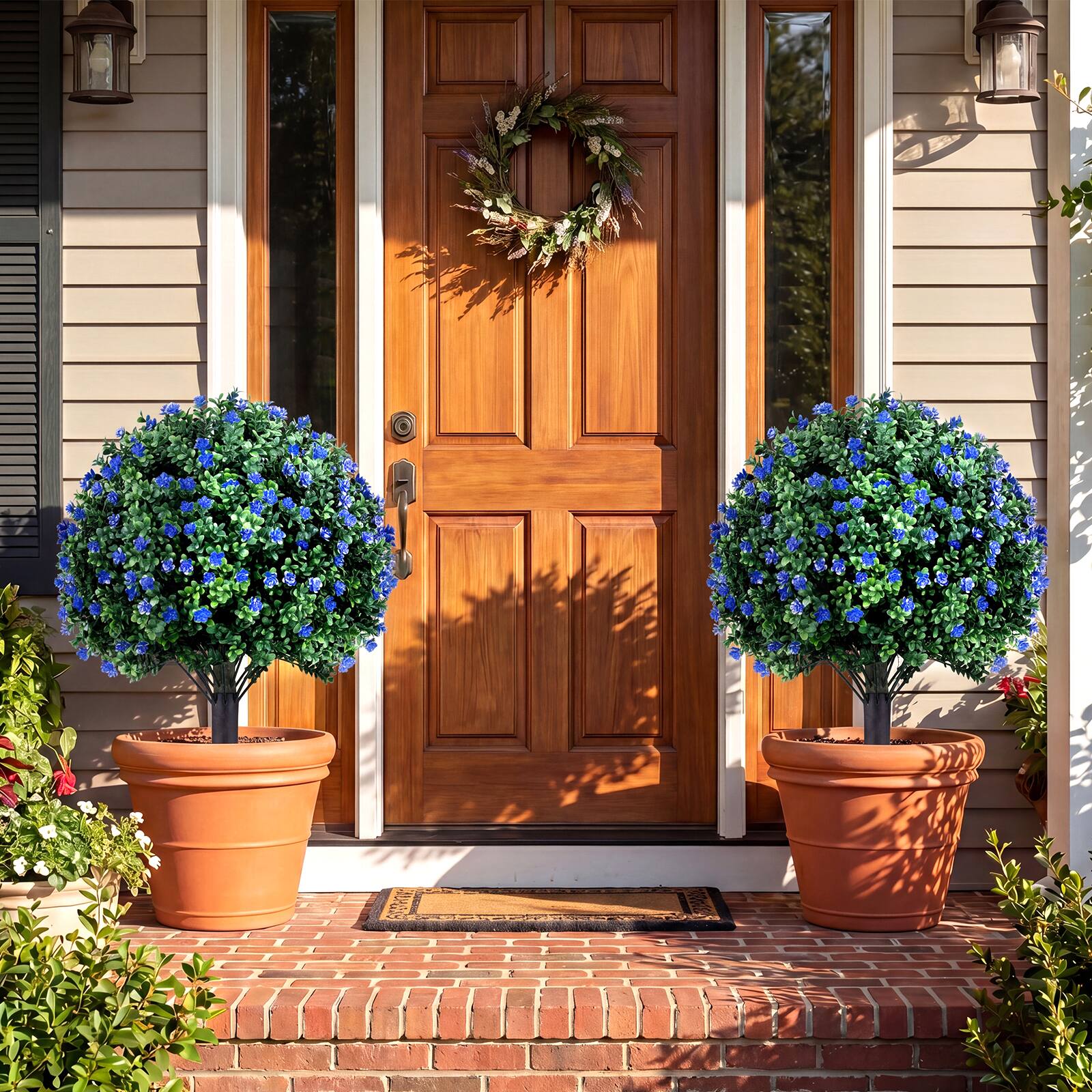 Alt View 3. Costway - Costway 2 Pack Artificial Camellia Boxwood Topiary Ball Trees, Faux Floral Shrubs, Patio - Green & Purple & Black.