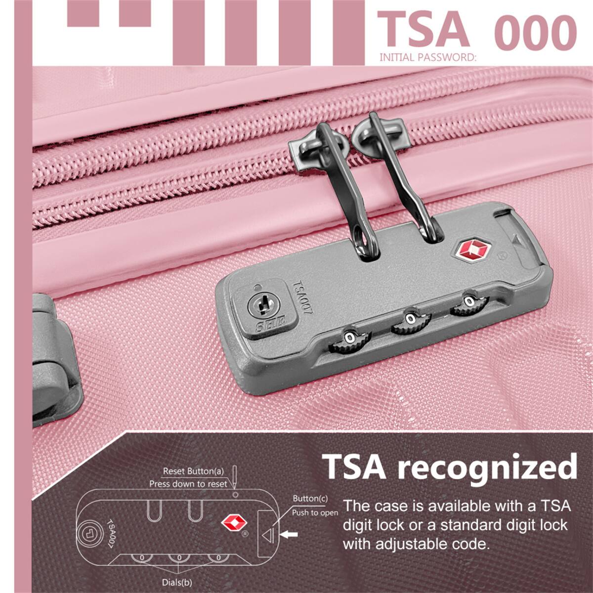 TSA 000  
INITIAL PASSWORD: TSA007  

TSA recognized  

Reset Button(a)  
Press down to reset  

Button(c)  
Push to open  

Dials(b)  

The case is available with a TSA digit lock or a standard digit lock with adjustable code.