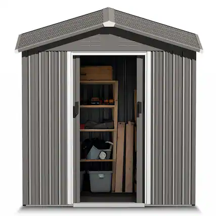 Front. Nuu Garden - 6 x 4 FT Garden Storage Shed Galvanized Sheet Tool Shed with Sliding Doors - Light Gray.