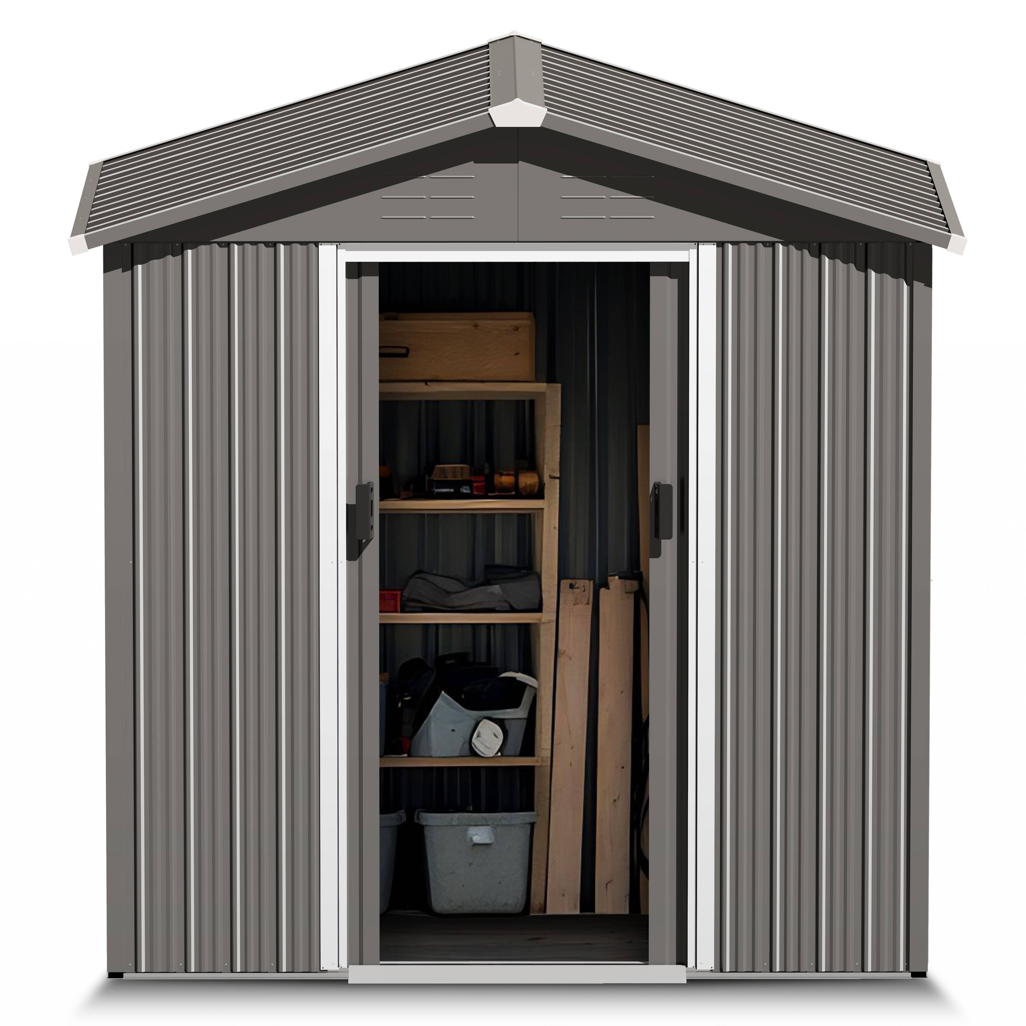 Front. Nuu Garden - 6 x 4 FT Garden Storage Shed Galvanized Sheet Tool Shed with Sliding Doors - Light Gray.