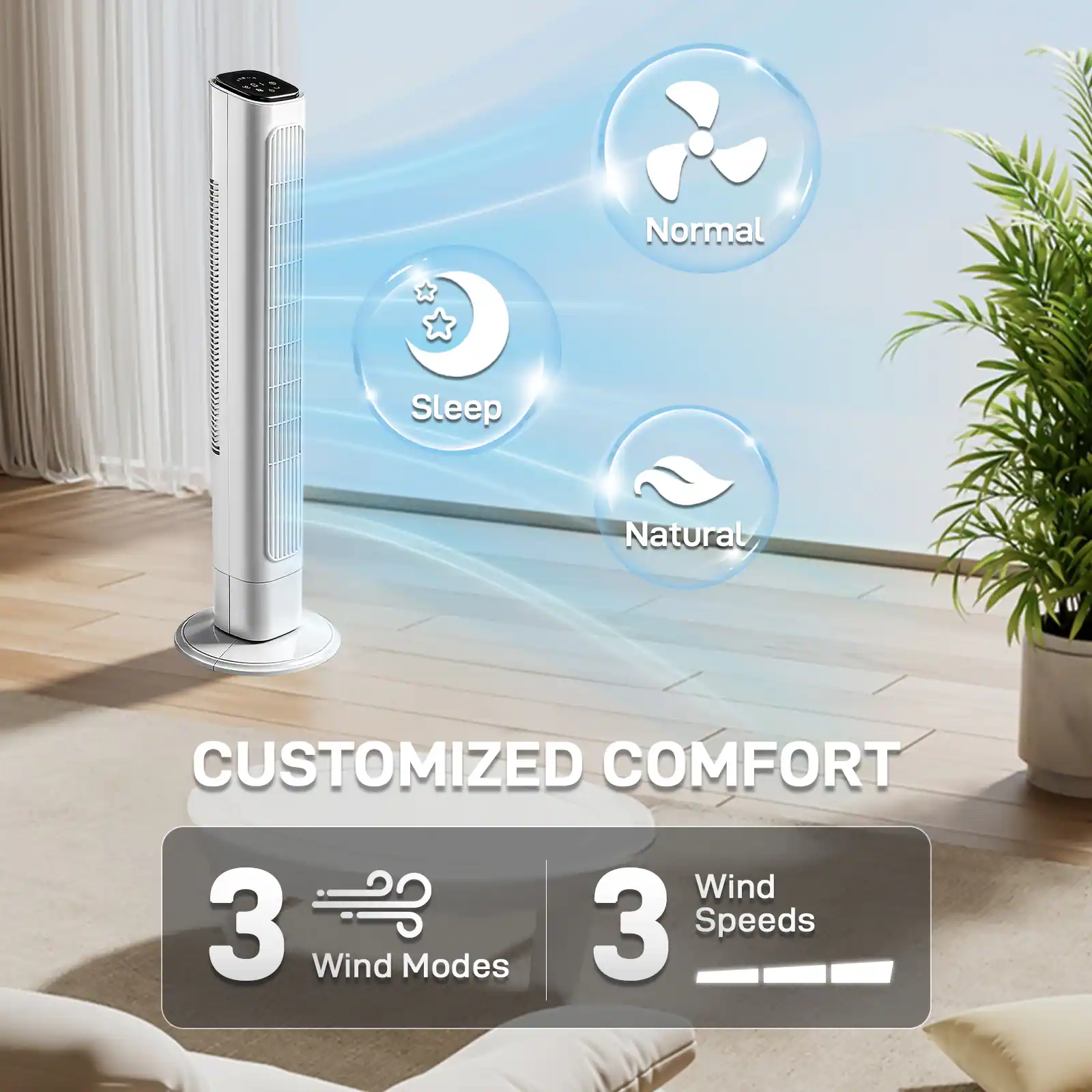 Normal Sleep Natural  
CUSTOMIZED COMFORT  
3 Wind Modes  
3 Wind Speeds