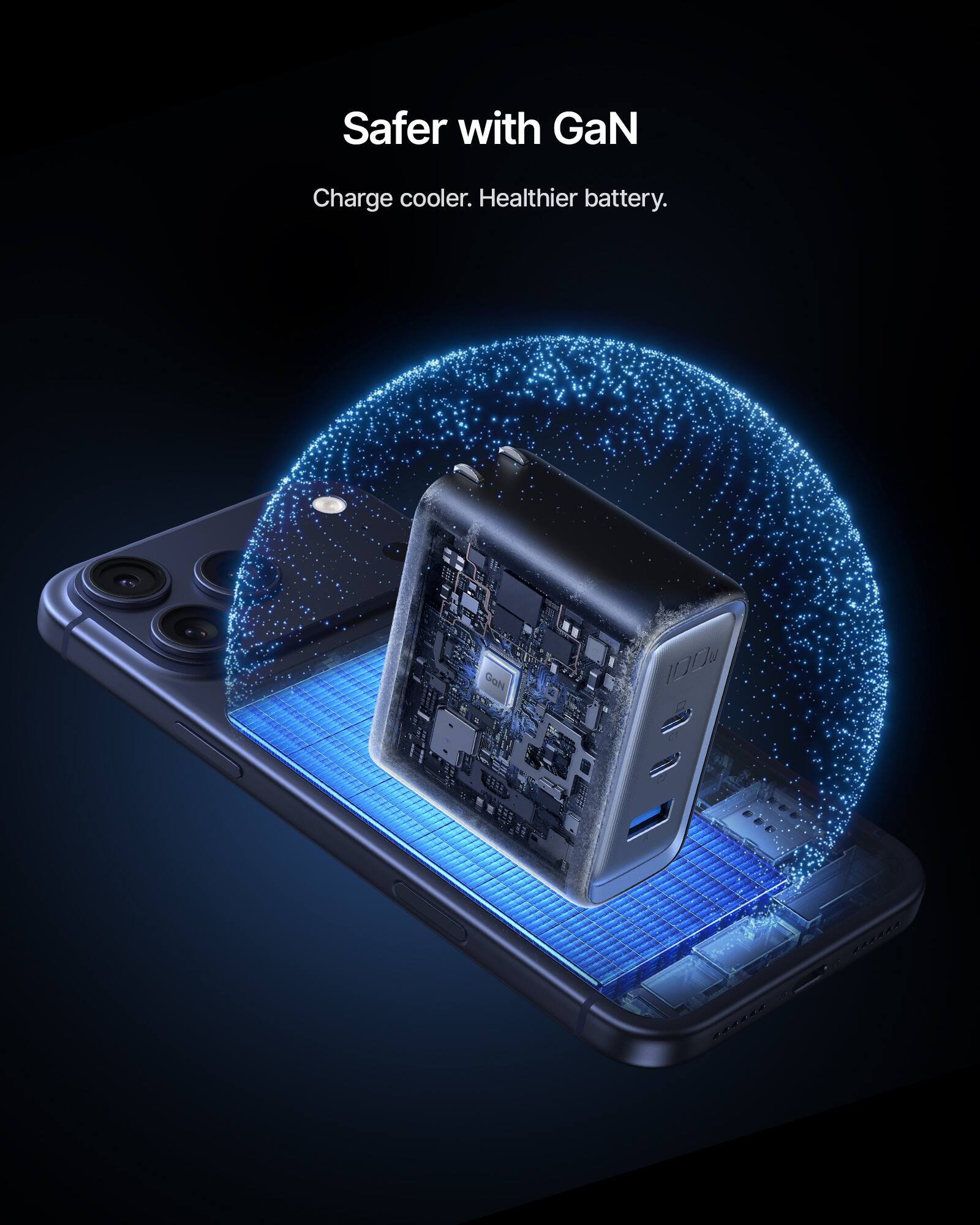 Safer with GaN  
Charge cooler. Healthier battery.  
GaN  
100W