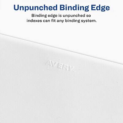 Unpunched Binding Edge  
Binding edge is unpunched so indexes can fit any binding system.  
AVERY