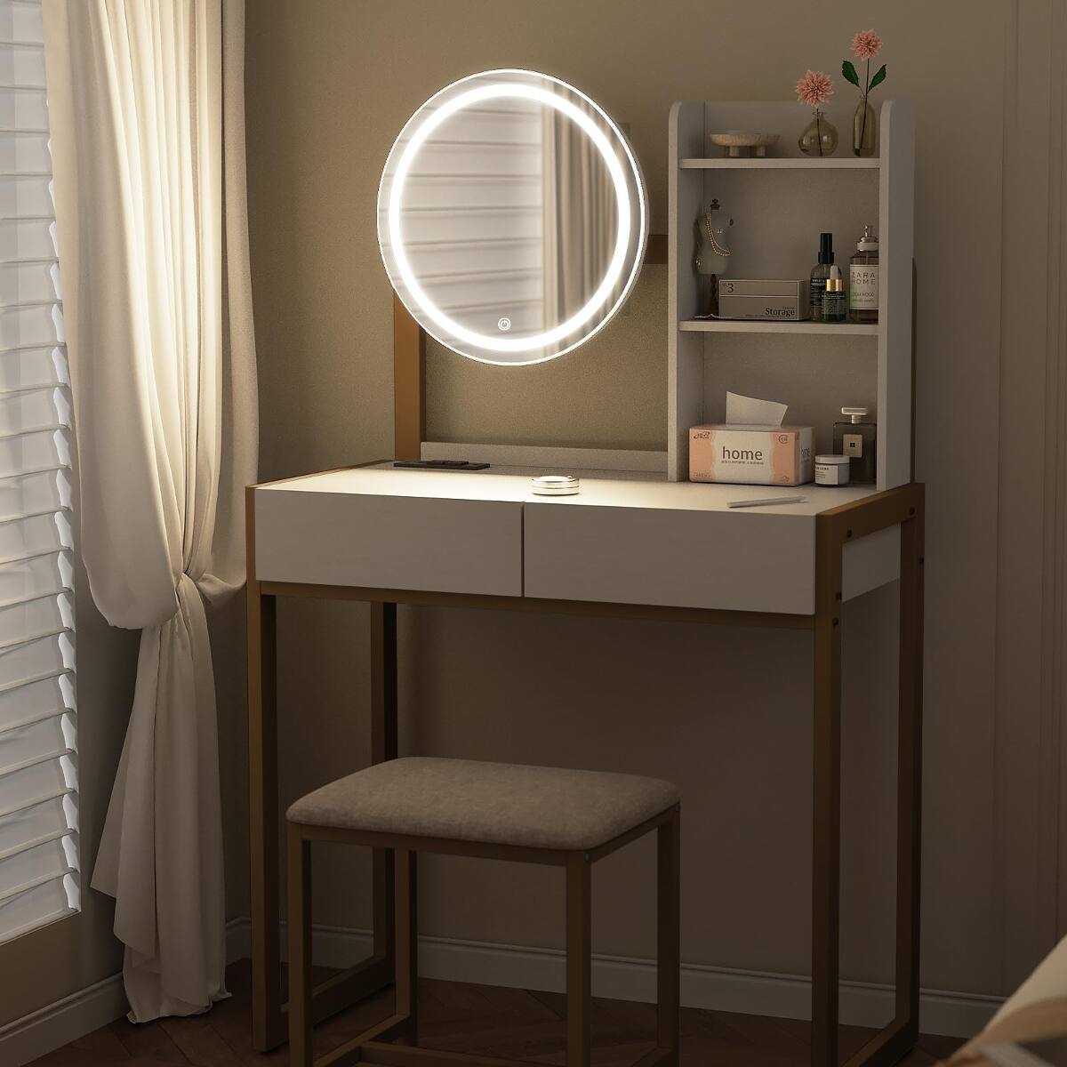Loheer Small Vanity Desk with Mirror and Lights, Makeup Table with ...