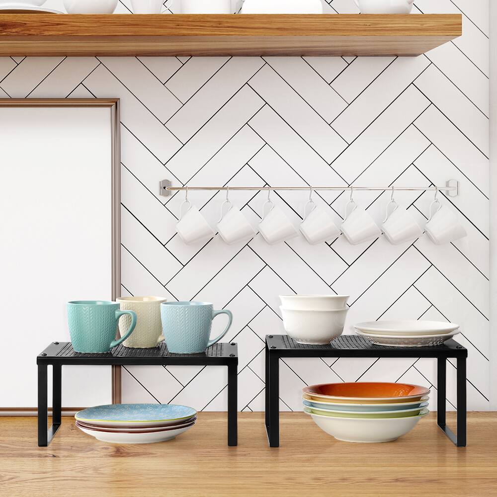 Back. Oumilen - Black Stackable 2-Tier Kitchen Cabinet Organizer Shelves, Metal Countertop Storage Rack with Mesh Top - Black.
