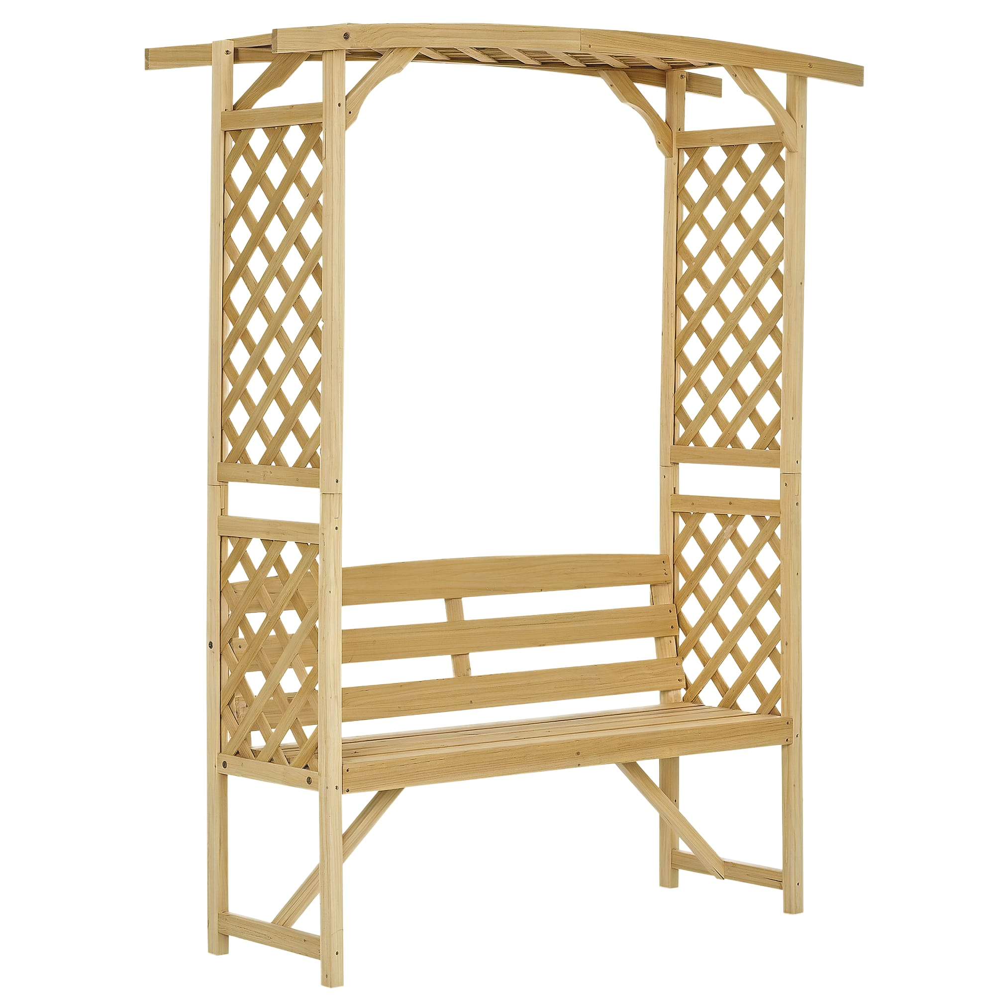 Outsunny - Patio Garden Bench Arbor Arch with Pergola and 2 Trellises, 3 Seat Natural Wooden Outdoor Bench - Natural Wood