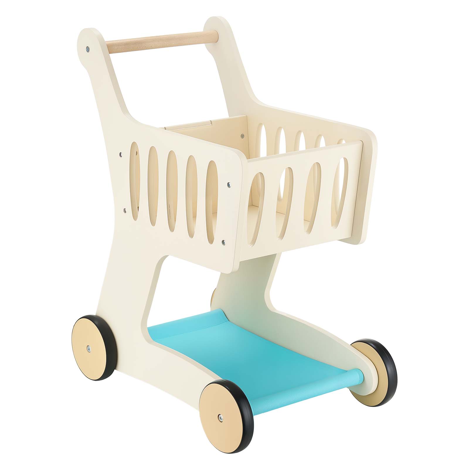 Alt View 5. VEVOR - Shopping Cart for Kids, Wooden, Toy Shopping Cart with Extra Storage, Realistic Play Food and Scanner - Milky White & Natural Wood.