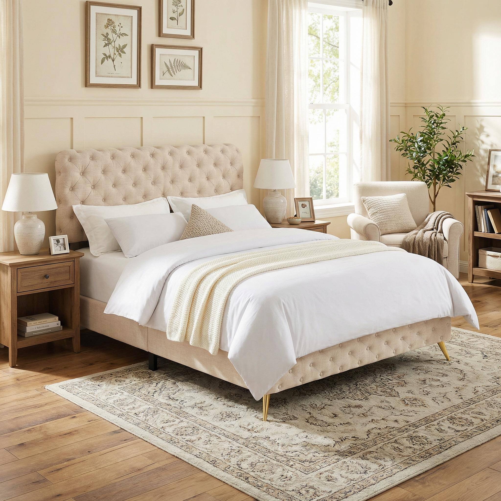 Alt View 3. Boyel Living - Upholstered Bed with Button Tufted Headboard and Solid Wood Frame - Beige.