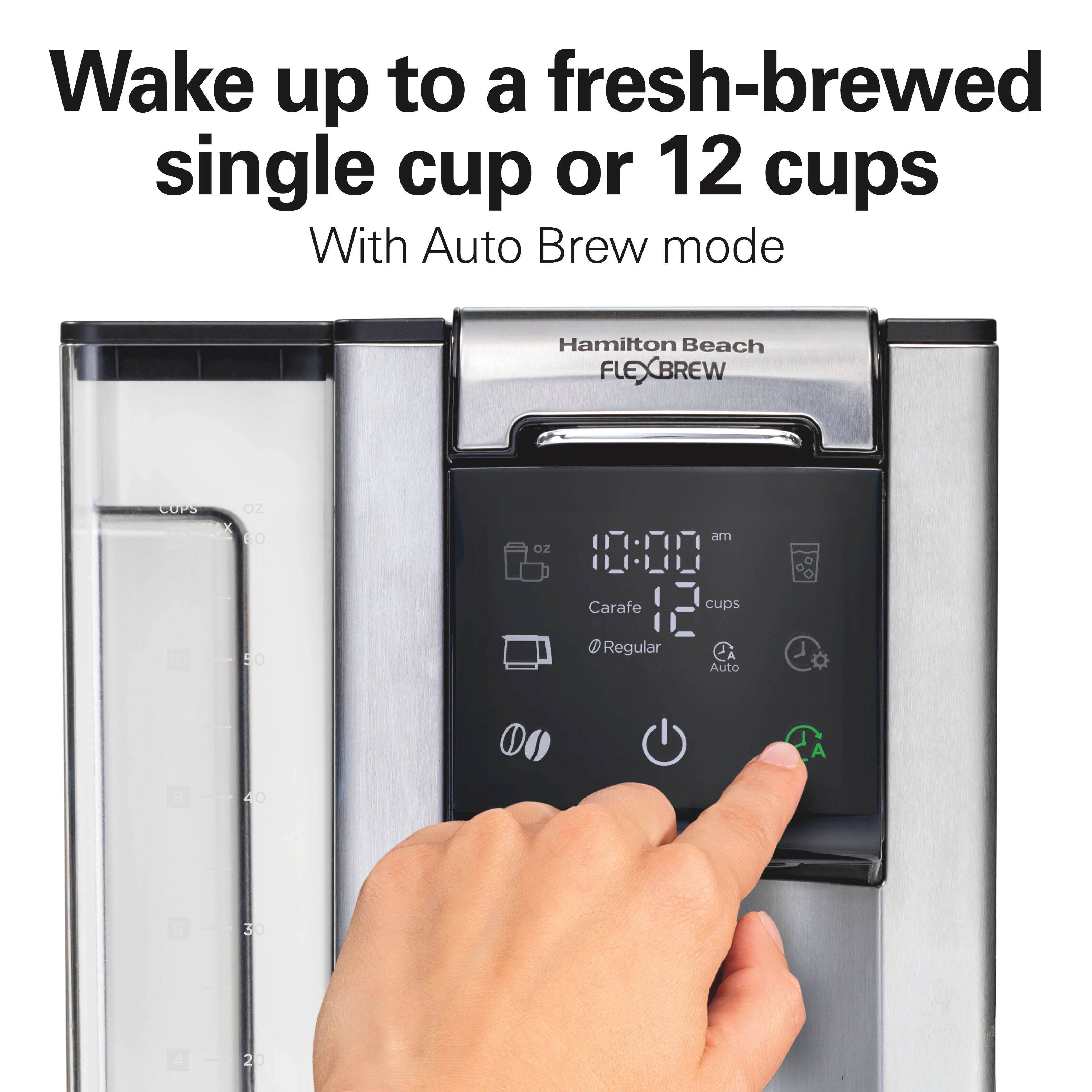 Wake up to a fresh-brewed single cup or 12 cups With Auto Brew mode

Hamilton Beach FLEXBREW

10:00 am

Carafe 12 cups

Regular

Auto