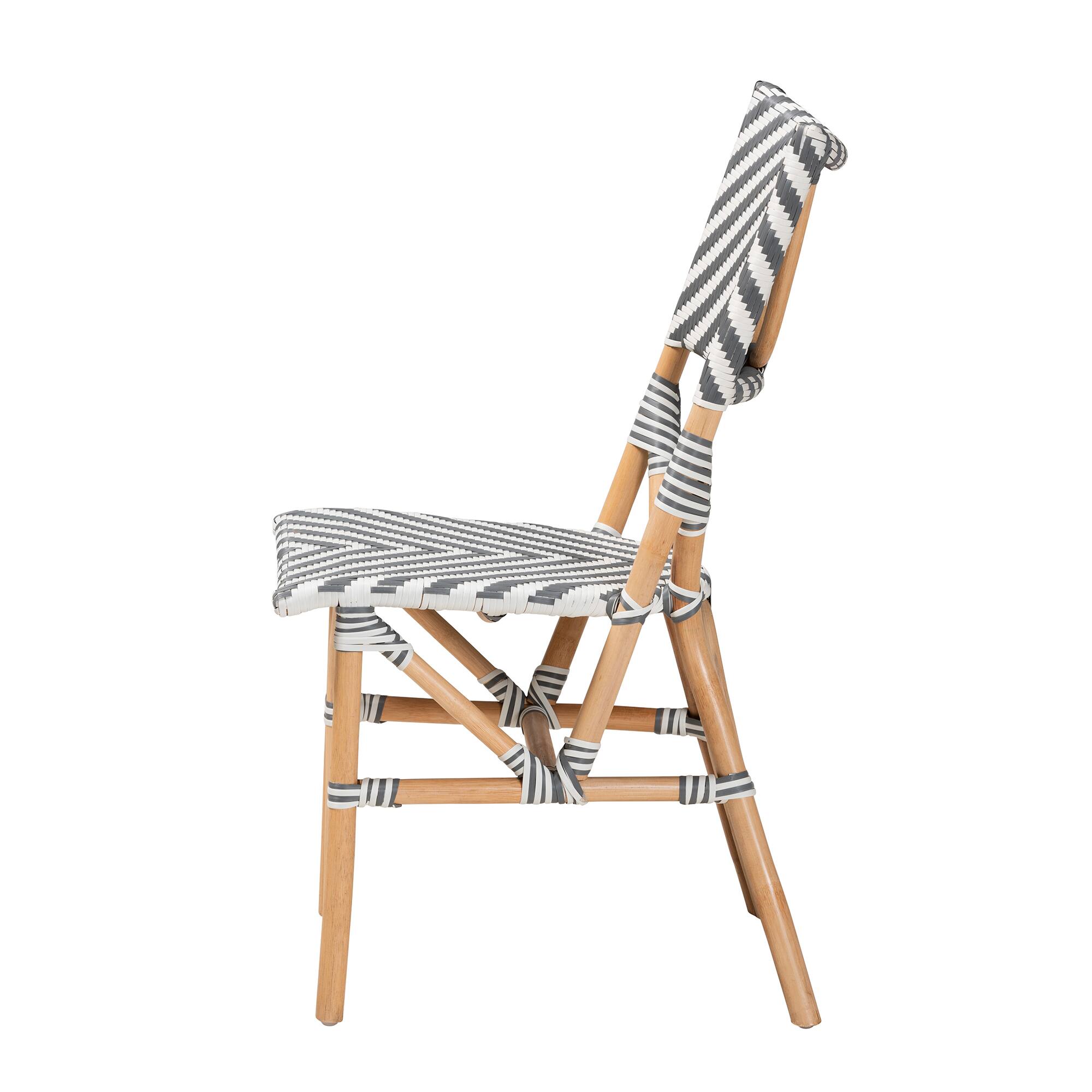 Left. bali & pari - Shai Modern French and Weaving and Natural Rattan Bistro Chair - Grey/White/Natural Brown.