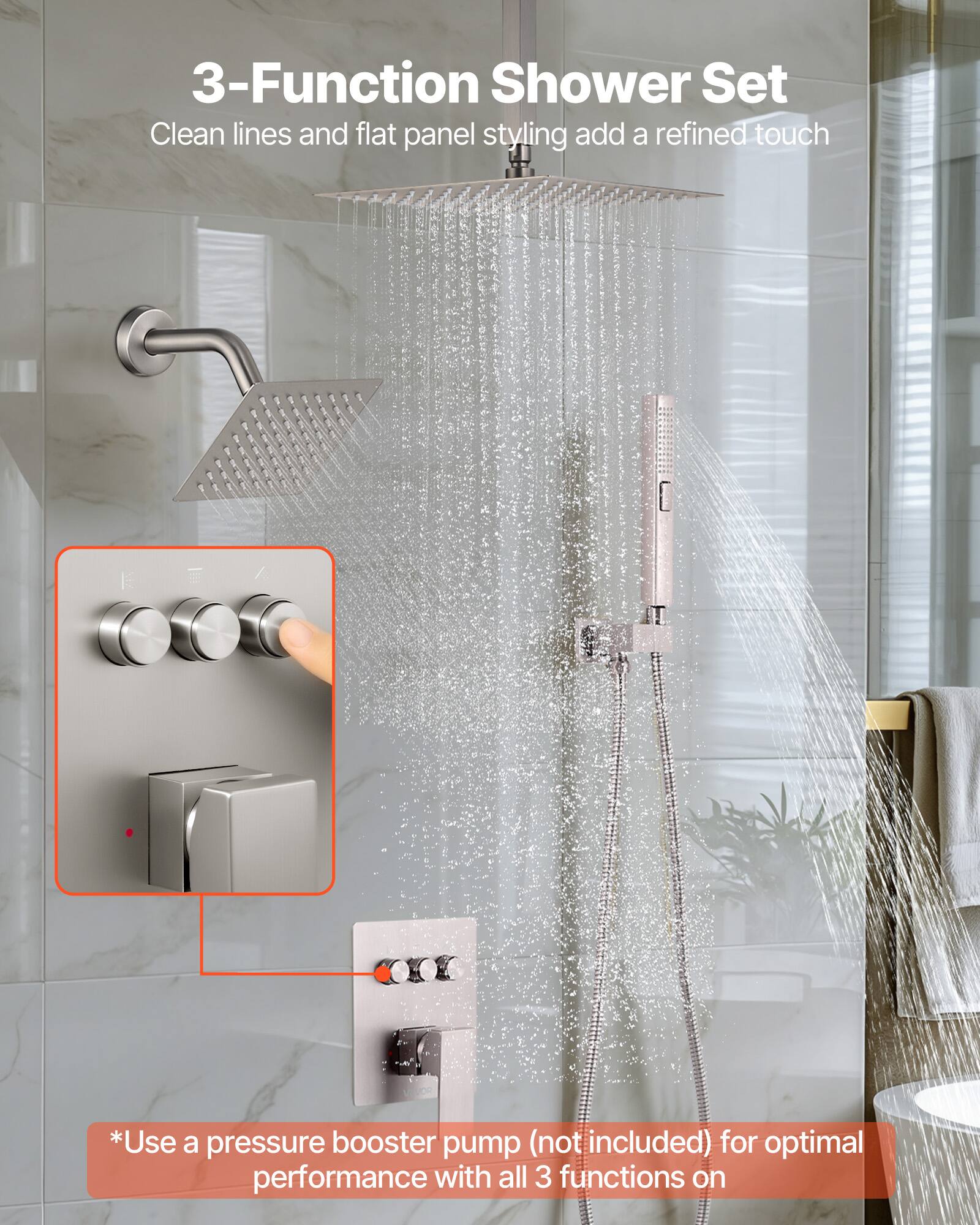 3-Function Shower Set

Clean lines and flat panel styling add a refined touch

*Use a pressure booster pump (not included) for optimal performance with all 3 functions on