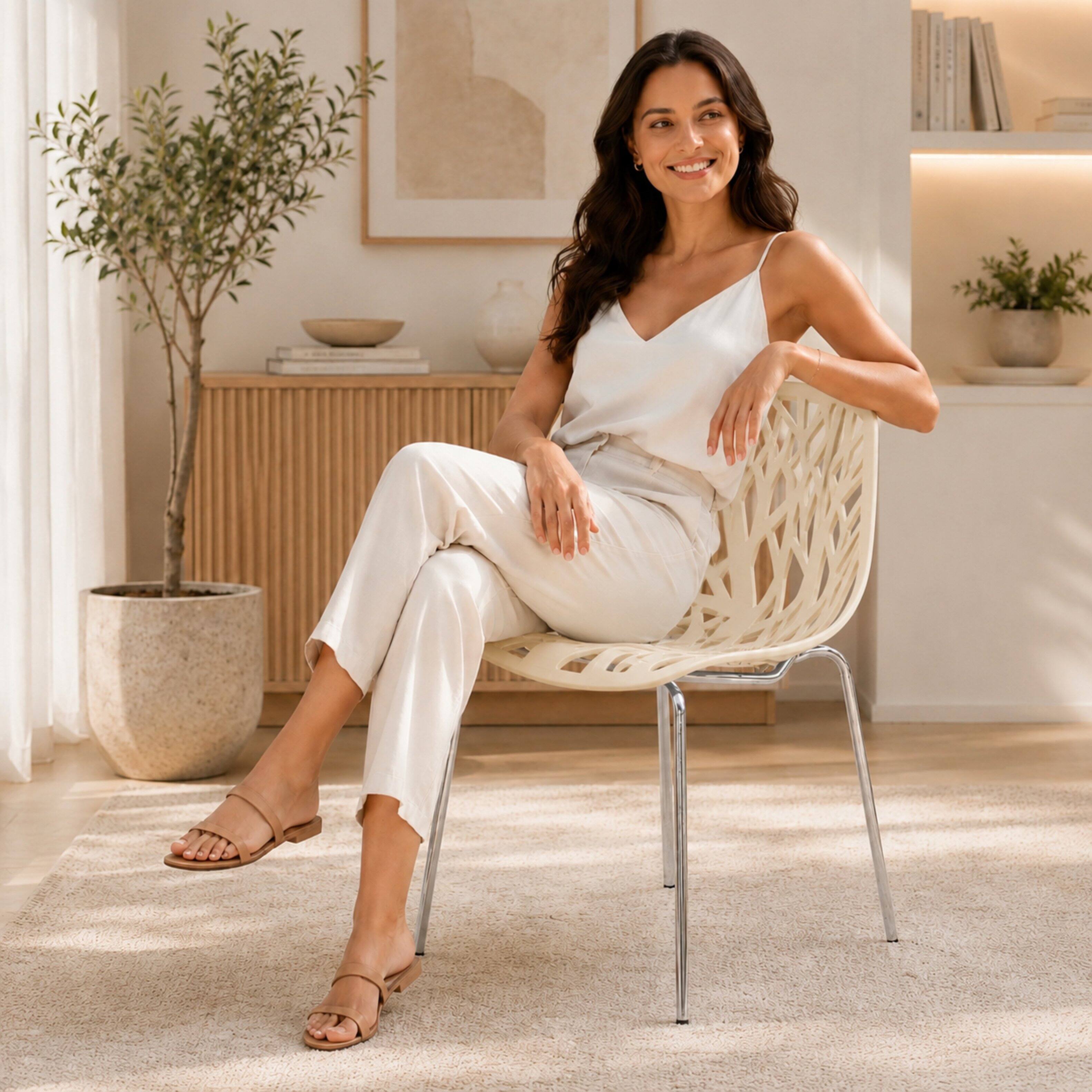 Angle. LeisureMod - Asbury Stackable Modern Dining Chair with Cut Out Design and Chrome Legs Side Chair for Home Living Room - Cream.