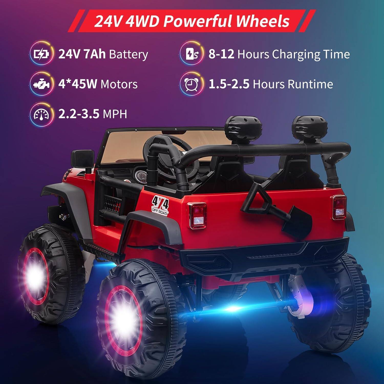 24V 4WD Powerful Wheels

- 24V 7Ah Battery
- 4*45W Motors
- 2.2-3.5 MPH
- 8-12 Hours Charging Time
- 1.5-2.5 Hours Runtime