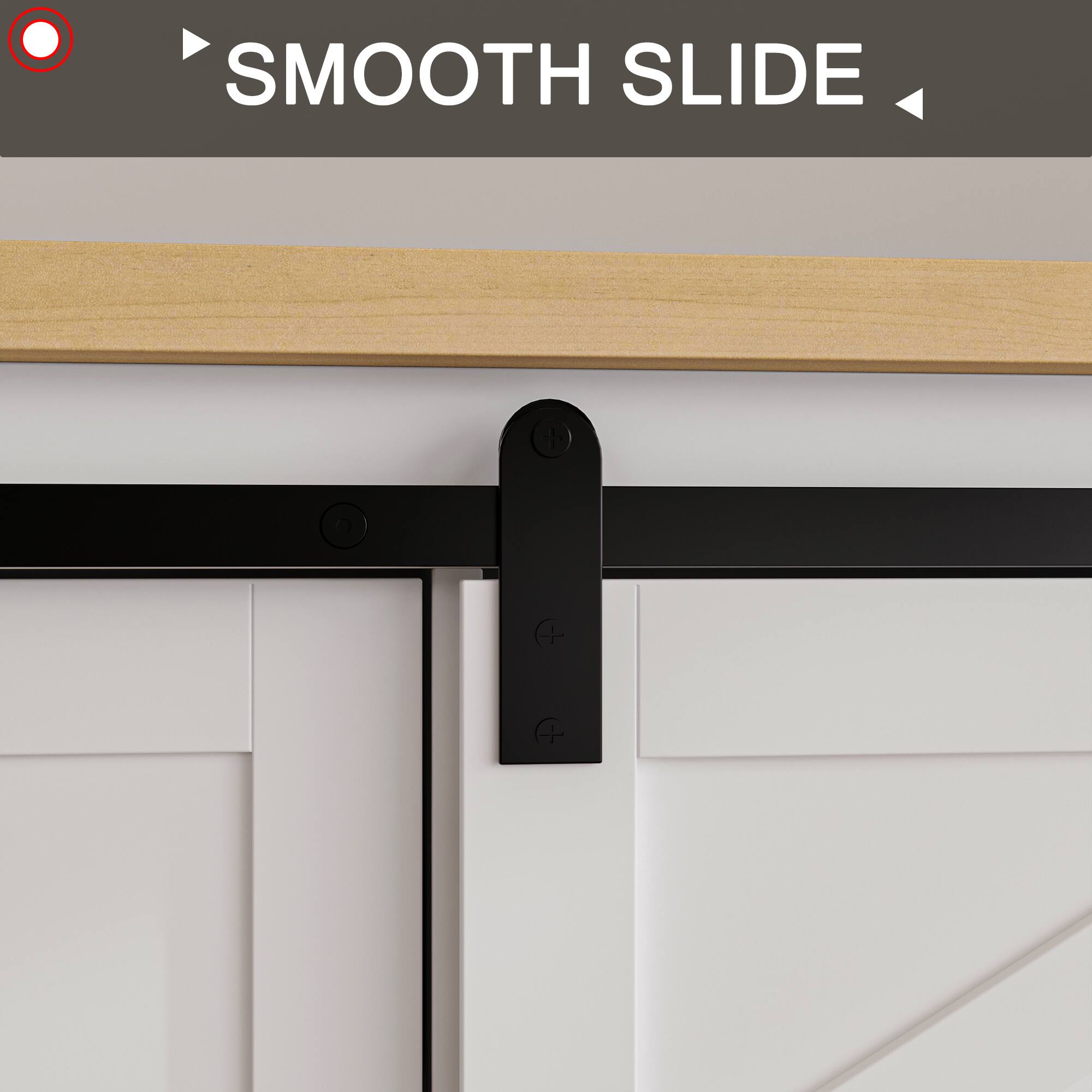 SMOOTH SLIDE: The image shows a white door with a black handle and a smooth slide.
