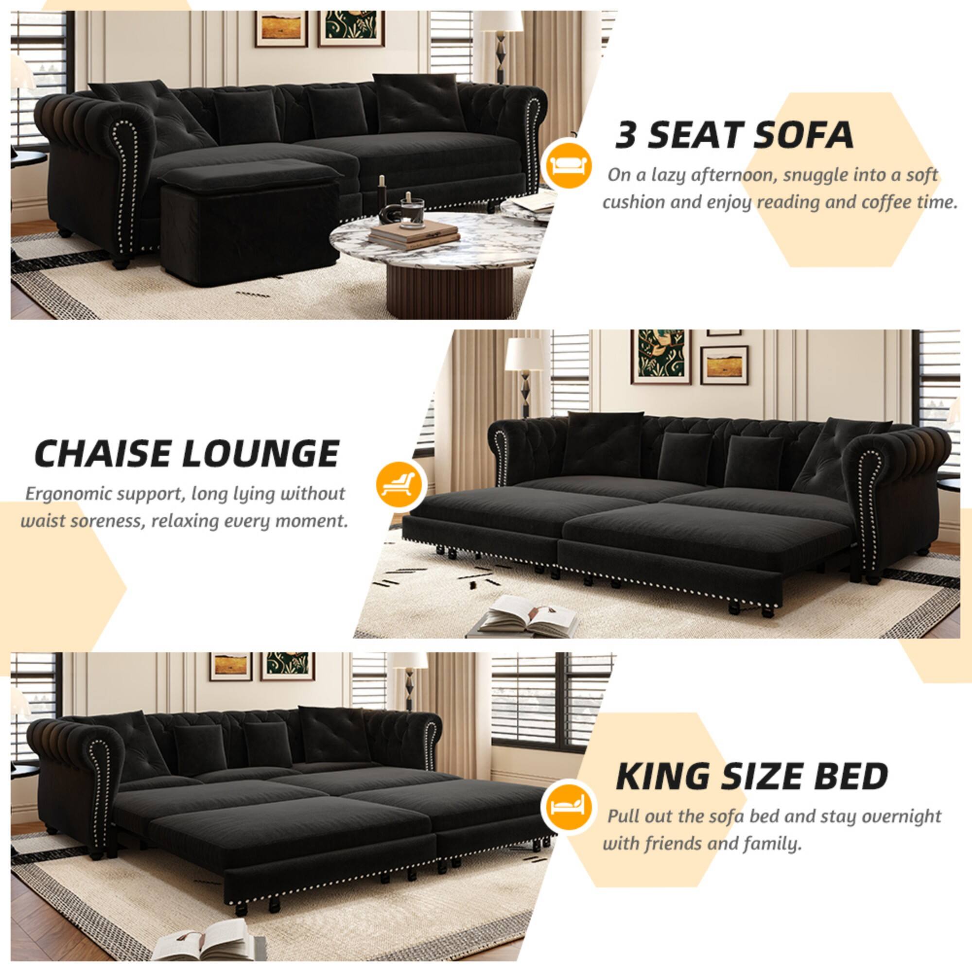 3 SEAT SOFA  
On a lazy afternoon, snuggle into a soft cushion and enjoy reading and coffee time.

CHAISE LOUNGE  
Ergonomic support, long lying without waist soreness, relaxing every moment.

KING SIZE BED  
Pull out the sofa bed and stay overnight with friends and family.