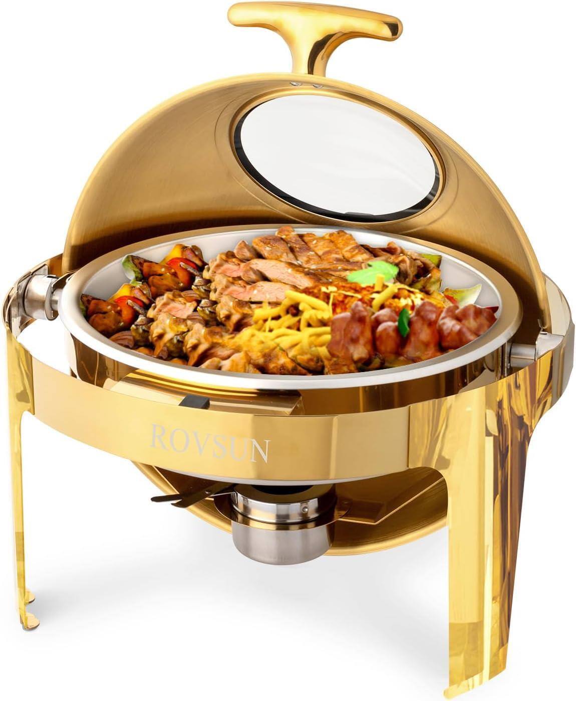 Winado - 6 QT Roll Top Stainless Steel Round Chafing Dish Buffet Set with Fuel Holder - BBUS-G47000502