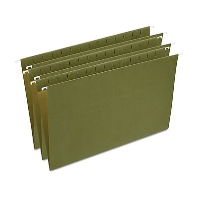 Front. Staples - Hanging File Folder, Stright Cut, Legal Size, 25/Box - Standard Green.