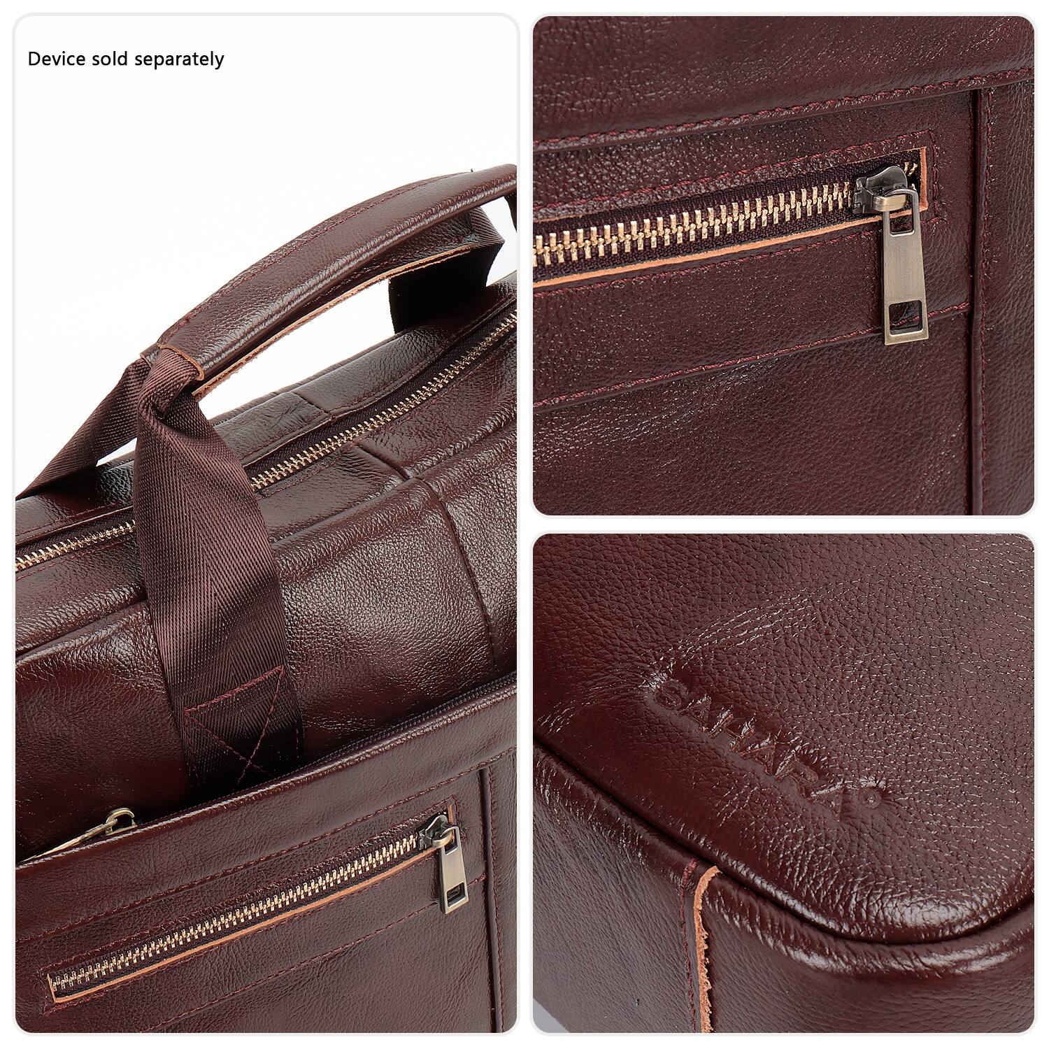 The image shows a brown leather bag with a zipper on the top. The bag is open, revealing its contents. The text "device sold separately" is visible in the image, indicating that the bag may not include a device, and it needs to be purchased separately.